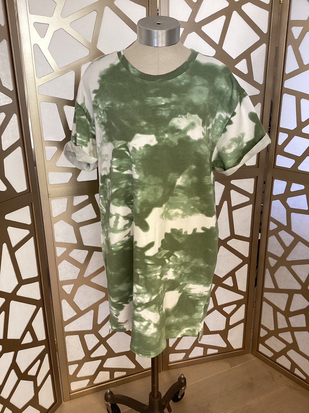 True Religion Spellout Green Tie Dye Short Sleeve Tee Dress crew neck SM S M