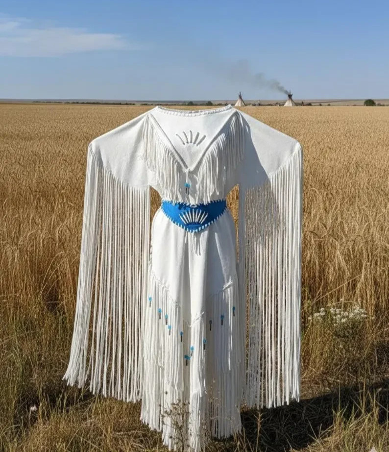 Women’s White Leather Long Fringes Beaded Belt wedding dress Powwow Regalia