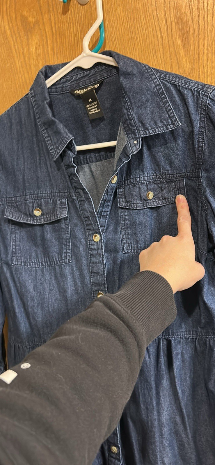 Blue Denim Collared Shirt Dress Button Belted Chest Pockets Knee Length Size M