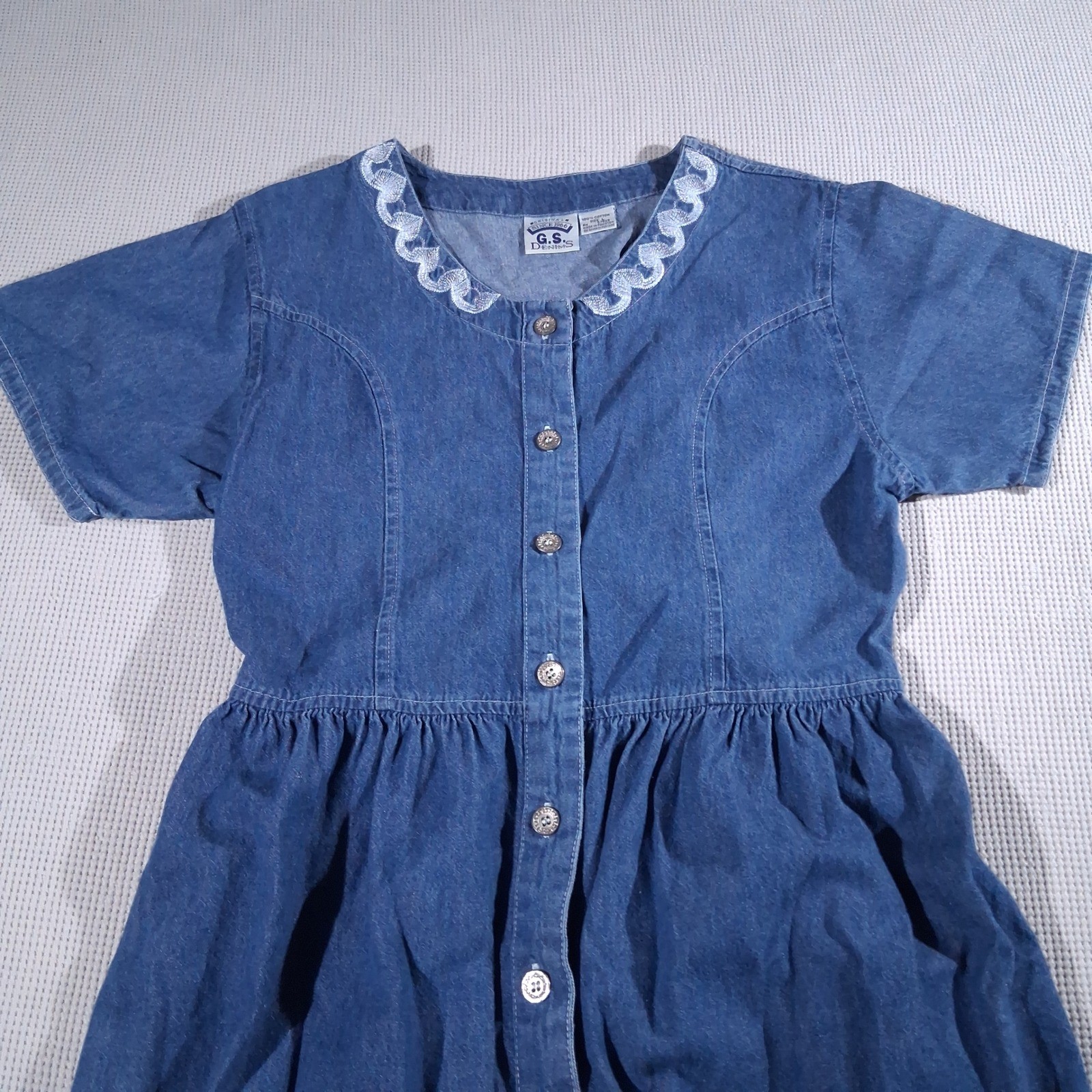 VTG Blue Cotton Embroidered Neck Button Front Midi Country Cottagecore Dress LG