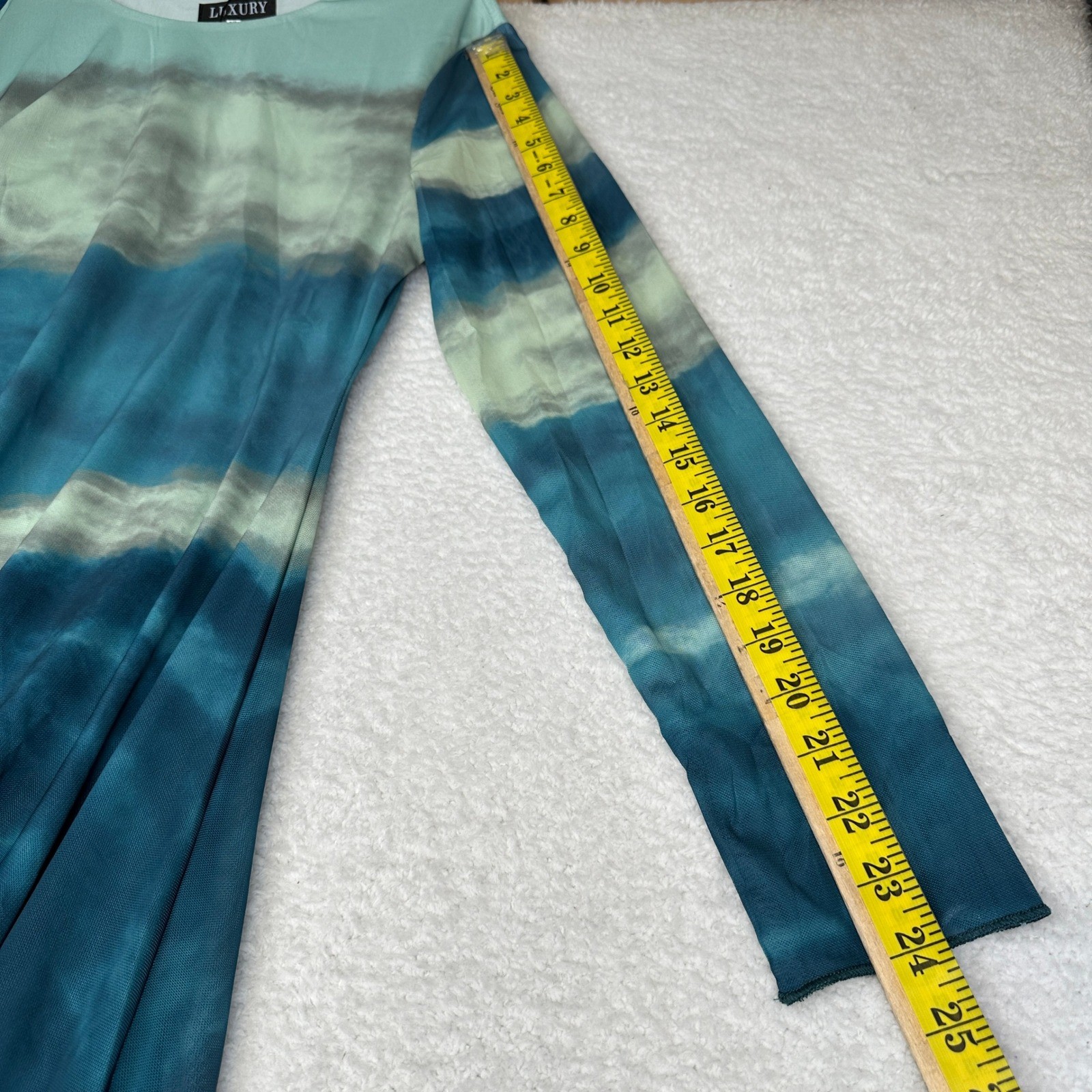 Luxury Tie Dye Maxi Dress Blue Green Ruched Long Sleeve Women’s size XL