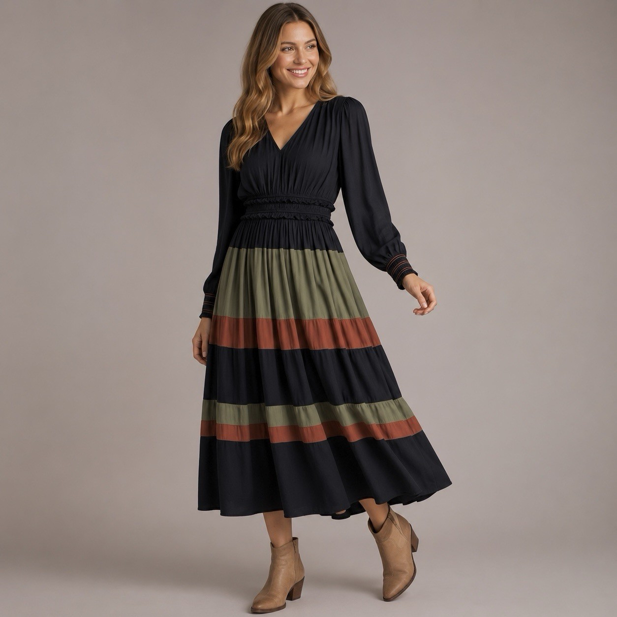 Anthropologie Current Air M Colorblock Midi Dress Navy Olive Rust Long Sleeve