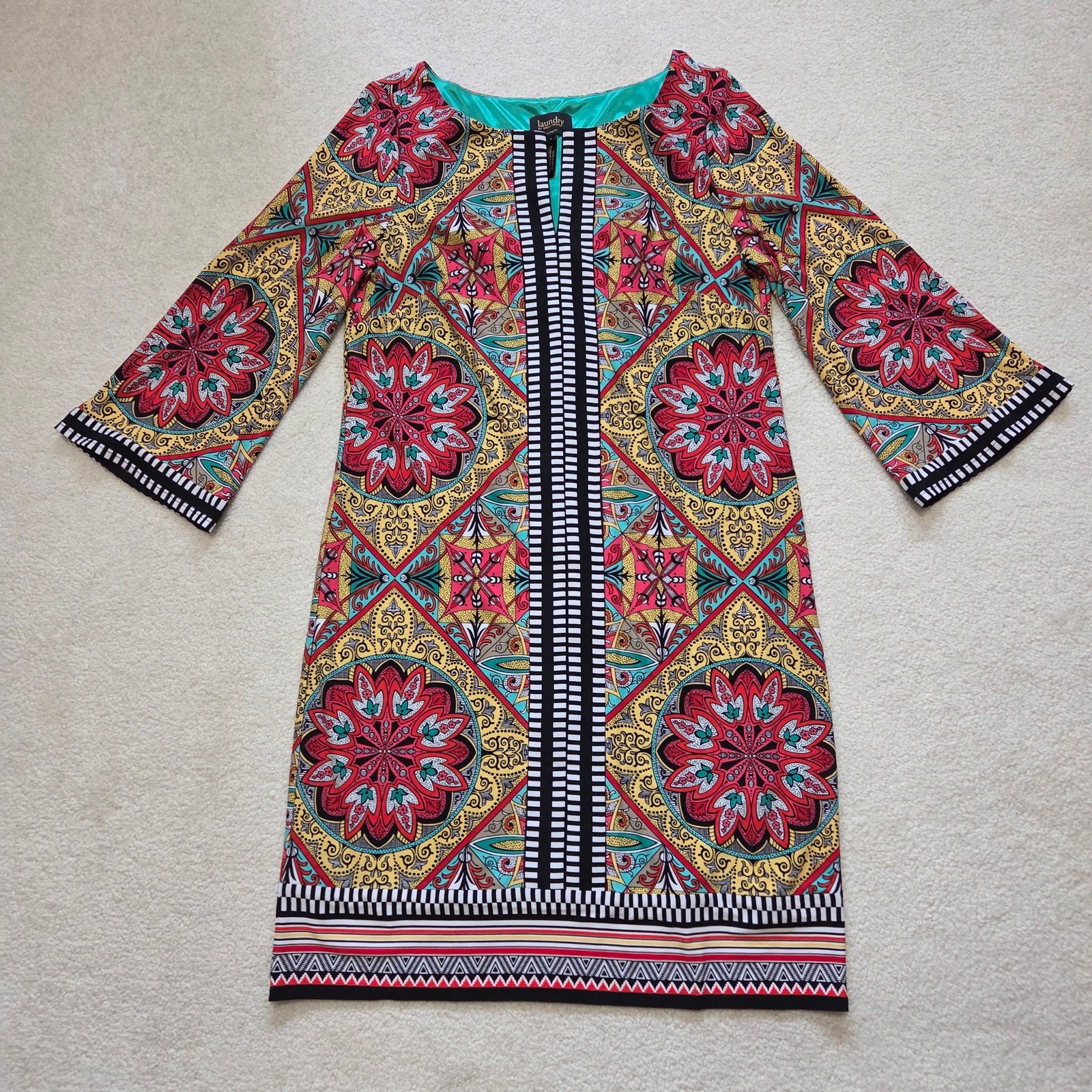 Laundry By Shelli Segal 8 Vibrant Lined Shift Dress Tunic 3/4 Bell Sleeve
