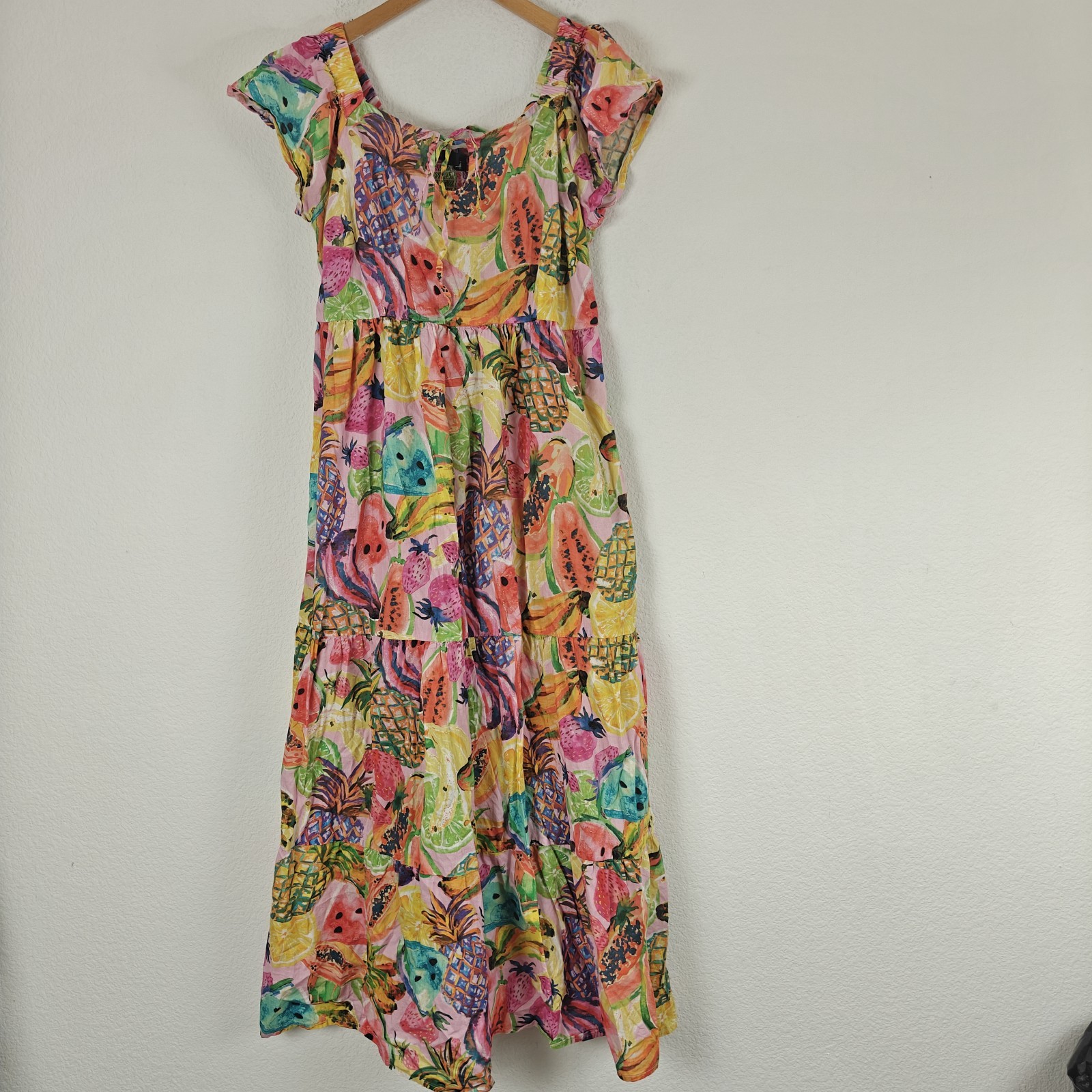 Antthony Tropical Fruit Print Cotton Tiered Maxi Dress Smocked Cottagecore M