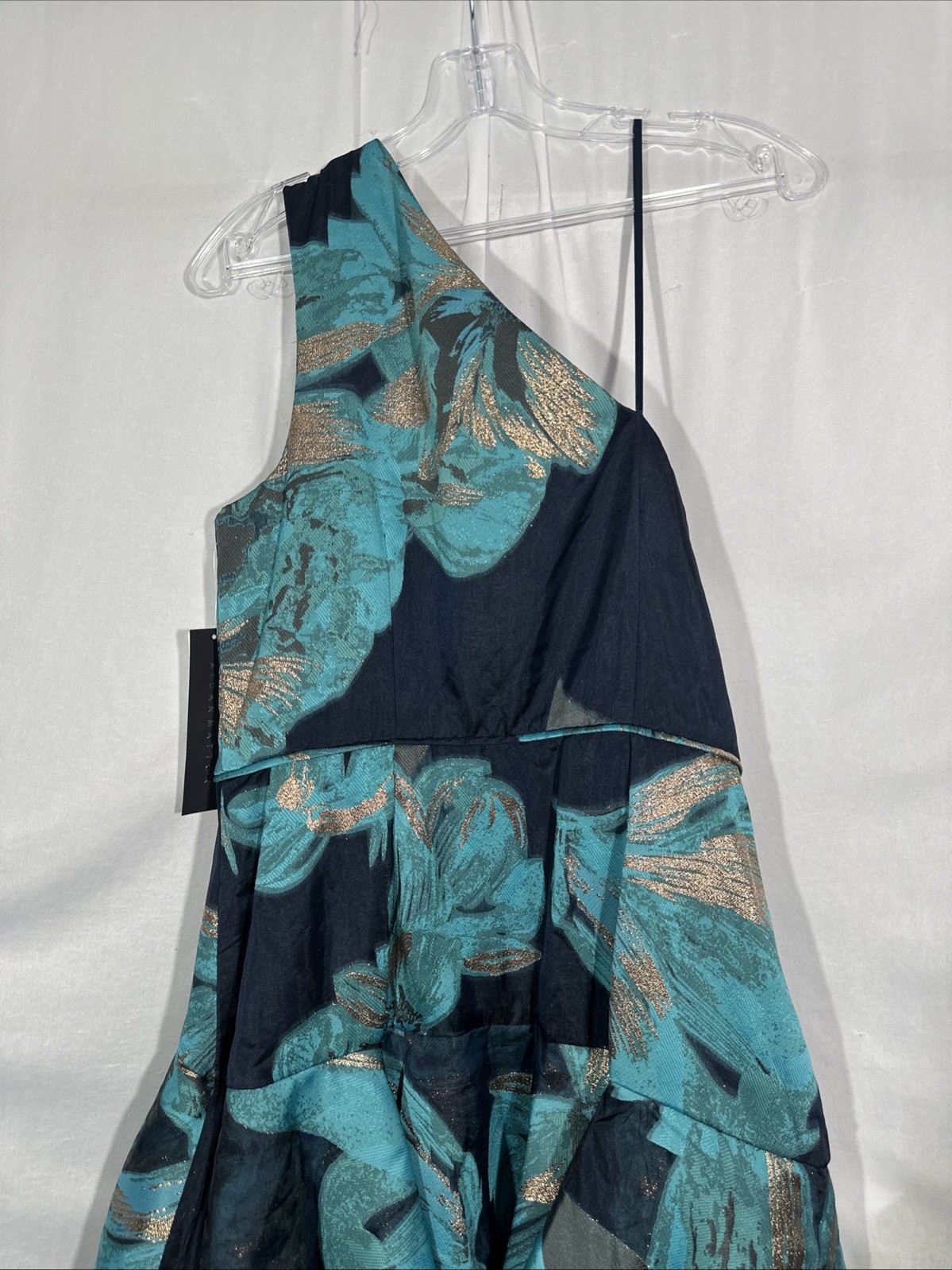 NWT Aidan Mattox [ 10 ] One Shoulder Tiered Ruffle A-Line Metallic Gown J2006