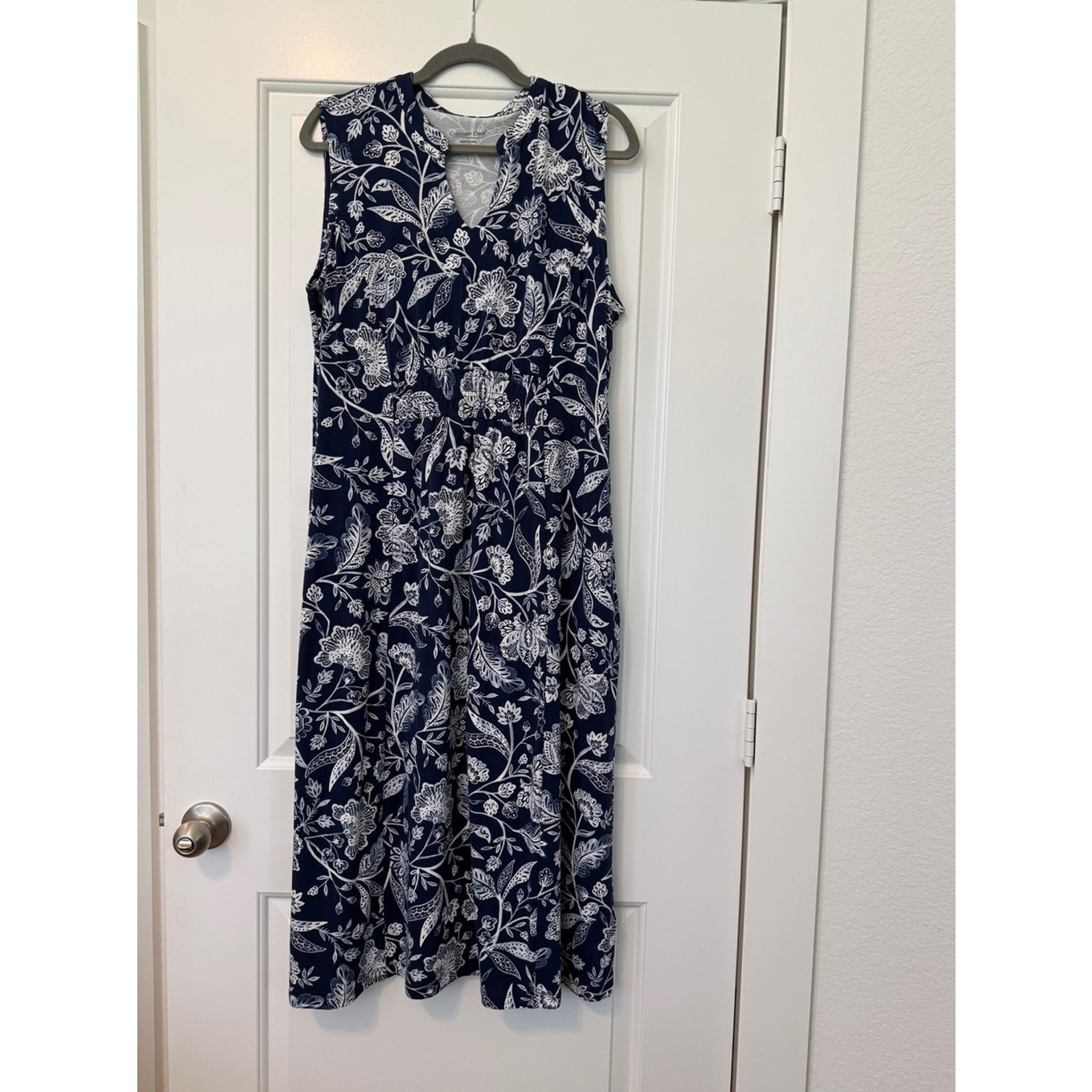 Coldwater Creek Navy Blue and White Floral Midi Dress Pockets Excellent Large