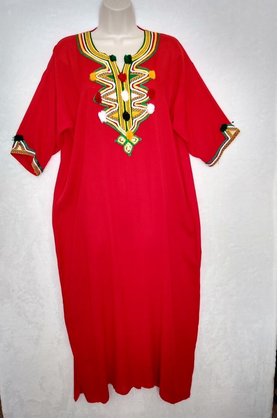 Moroccan Kaftan Gandoura Berber Clothes Handmade Dress Bohemian Red Ribbon Women