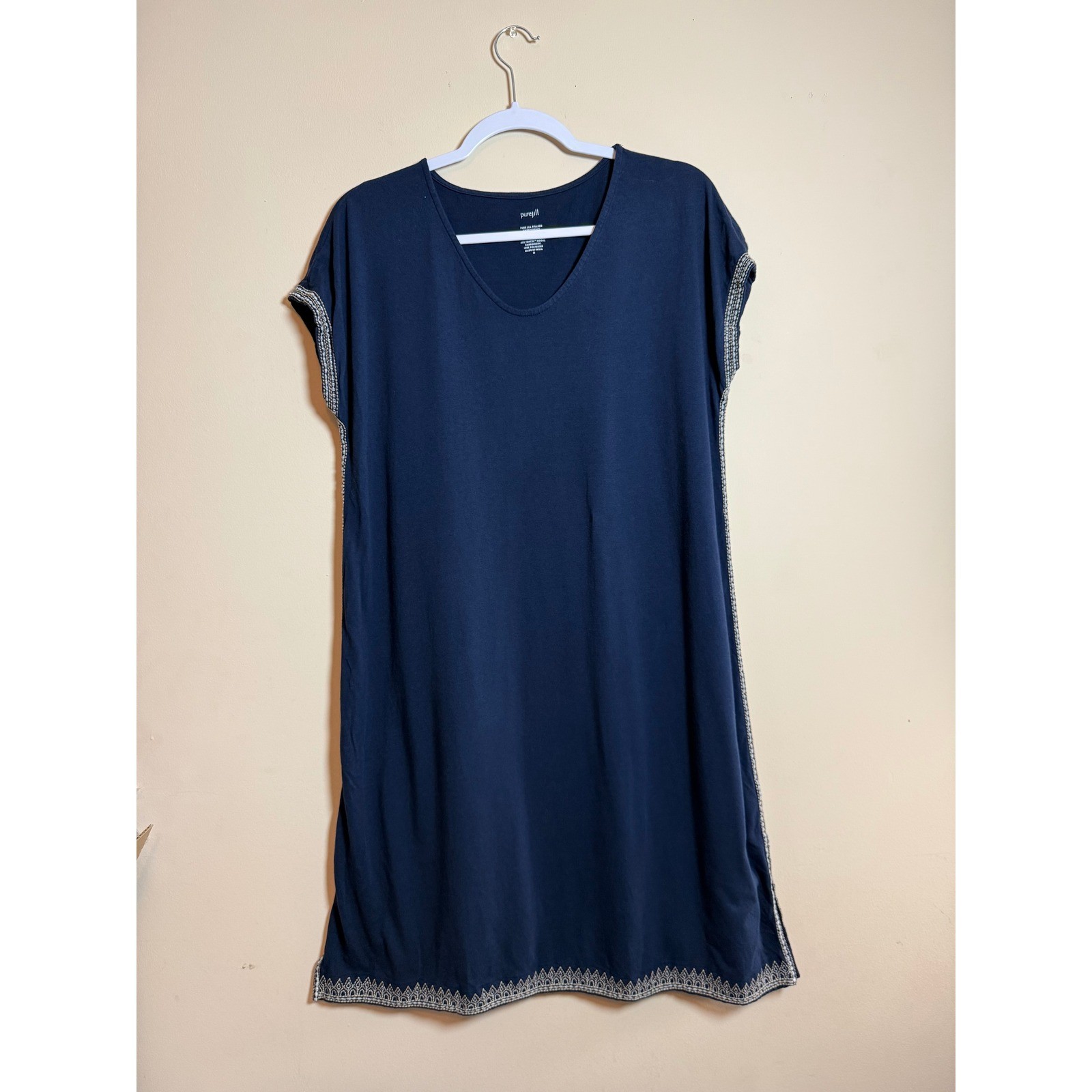 Pure Jill Relaxed Embroidered T-Shirt Dress Navy Blue Cotton Modal V-Neck Medium