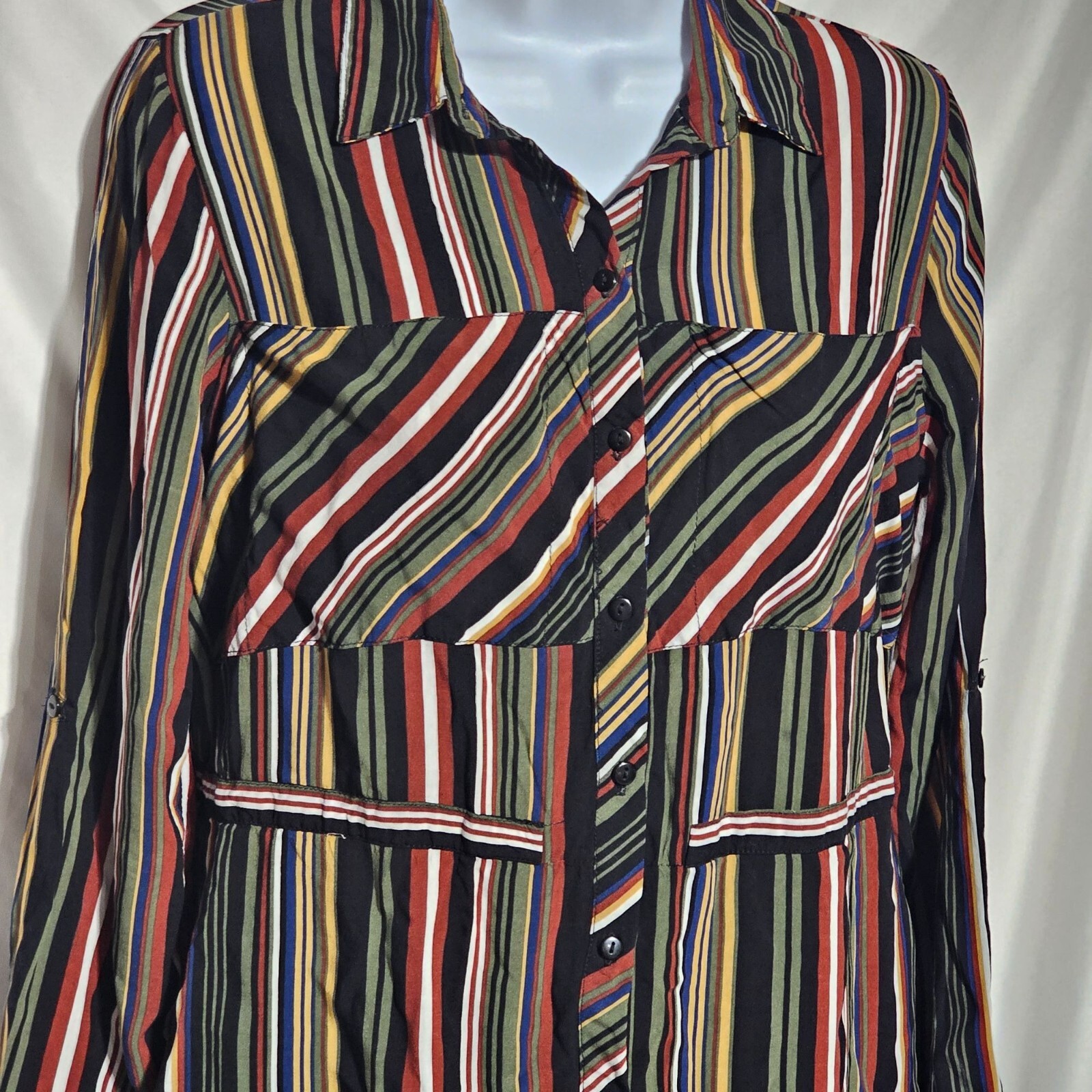 Love Notes Vertical Striped Fall Hues Button Down Shirt Dress Size M