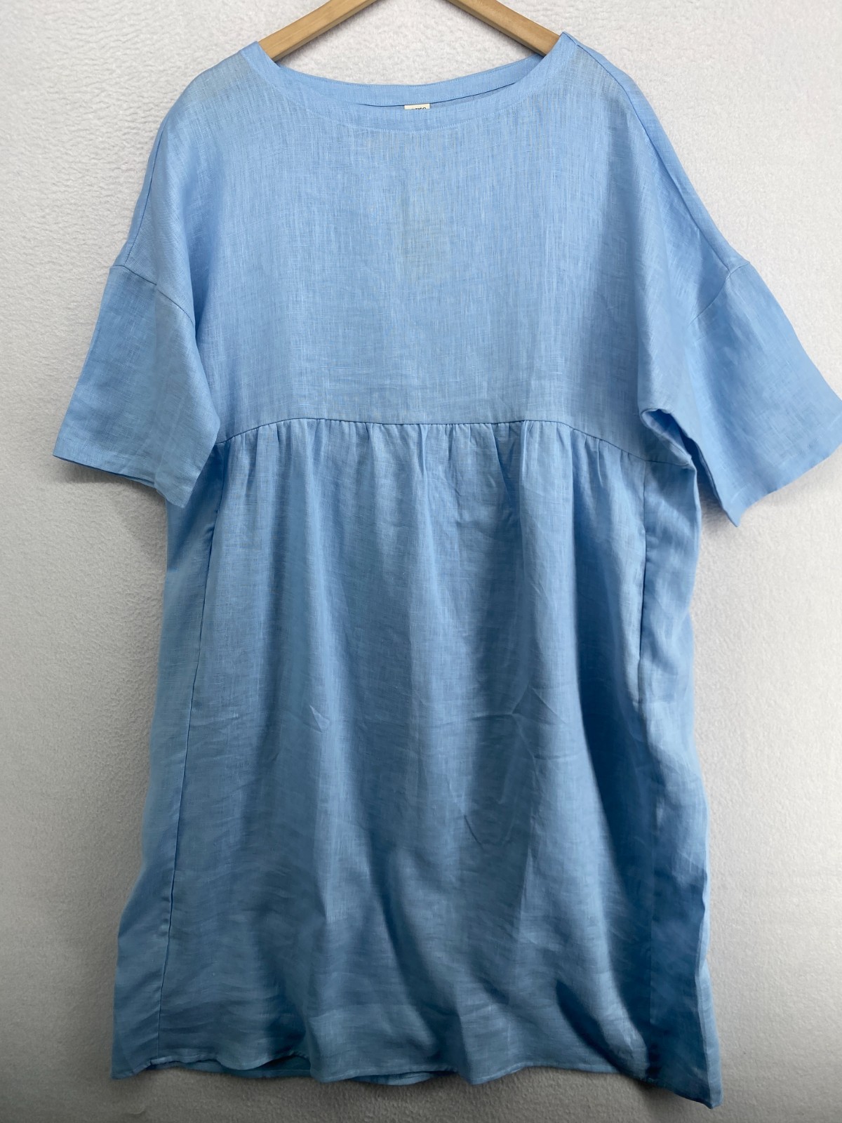 LINTICO Dress L Valencia 100% Linen A-Line Midi Drop Shoulder Lagenlook Blue NEW