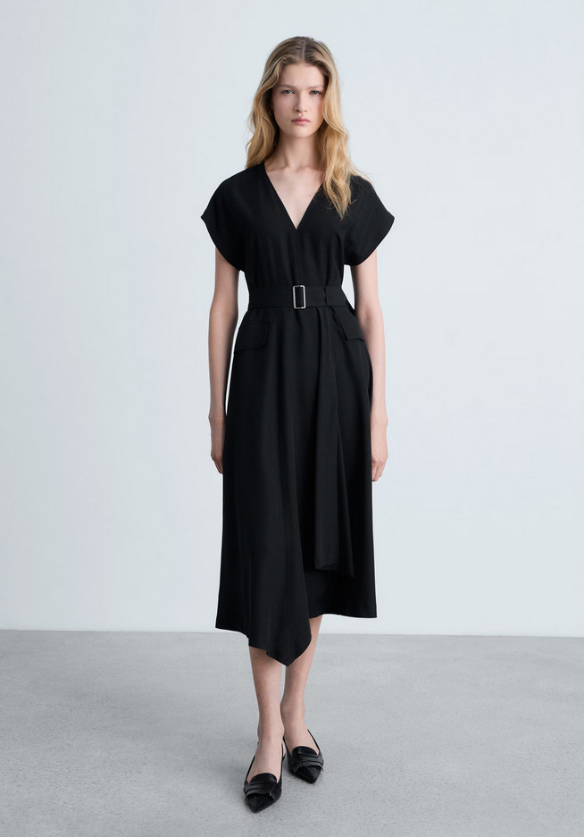 NWT MANGO MNG $100 BLACK A-LINE BELTED ASYMMETRICAL DRESS SZ S US 4