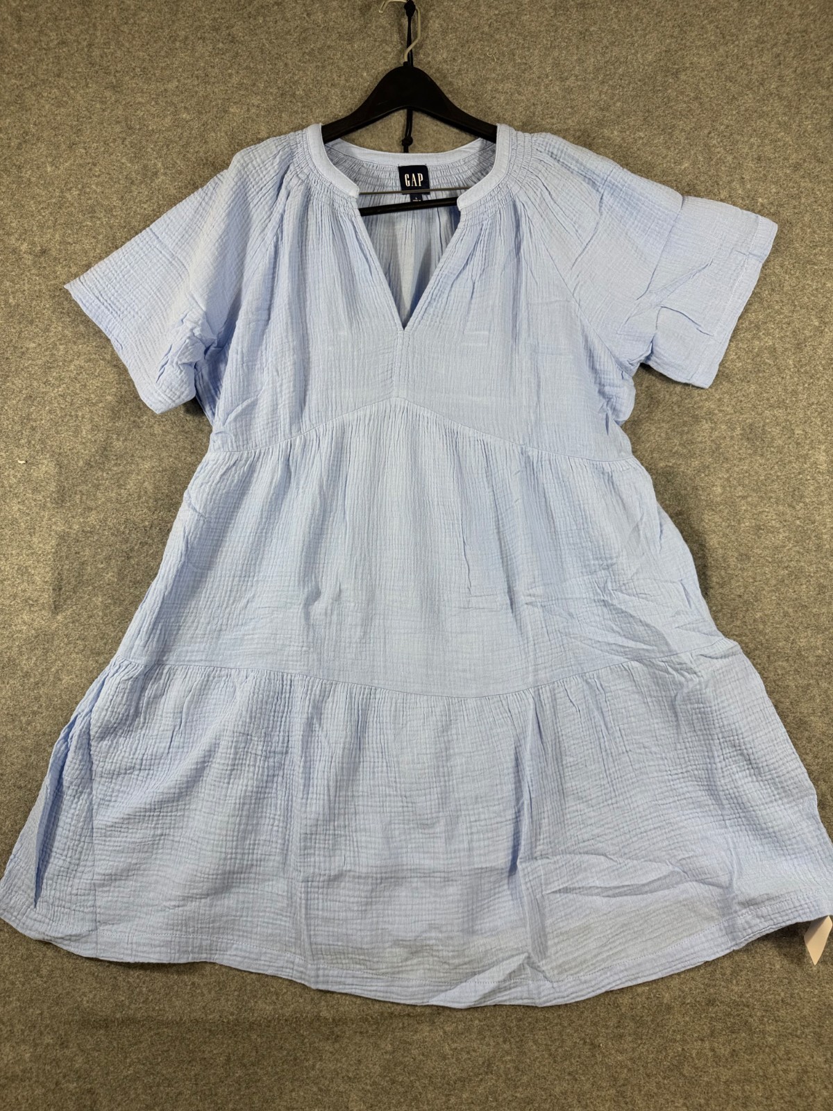 Gap Gauze Crinkle Dress Womens L Blue Soft Cotton Relaxed Fit Short Sleeve NWT