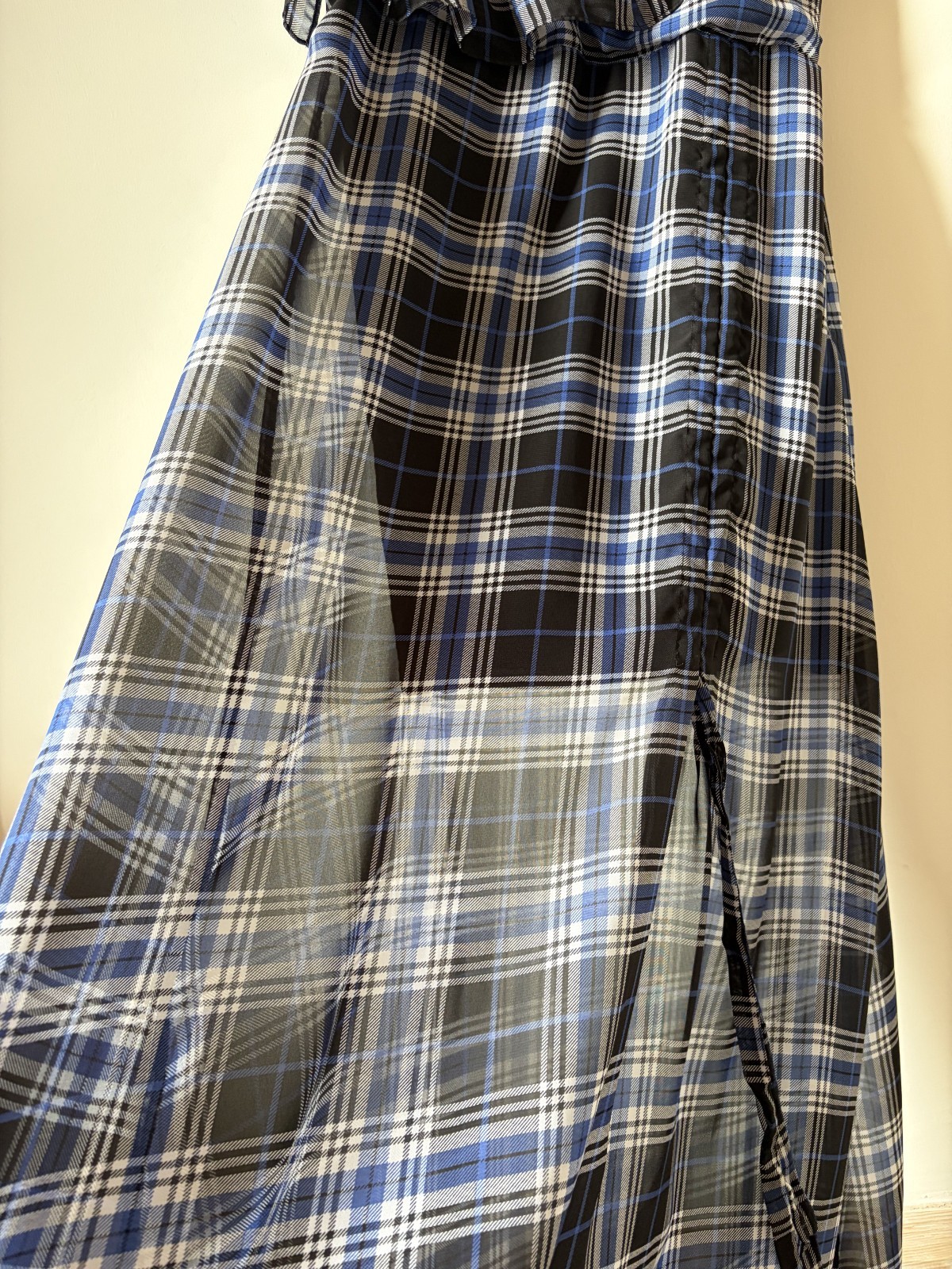 Maje Side-Ruched Plaid Tartan Blue and Navy Long Dress Ruffle UK size 10