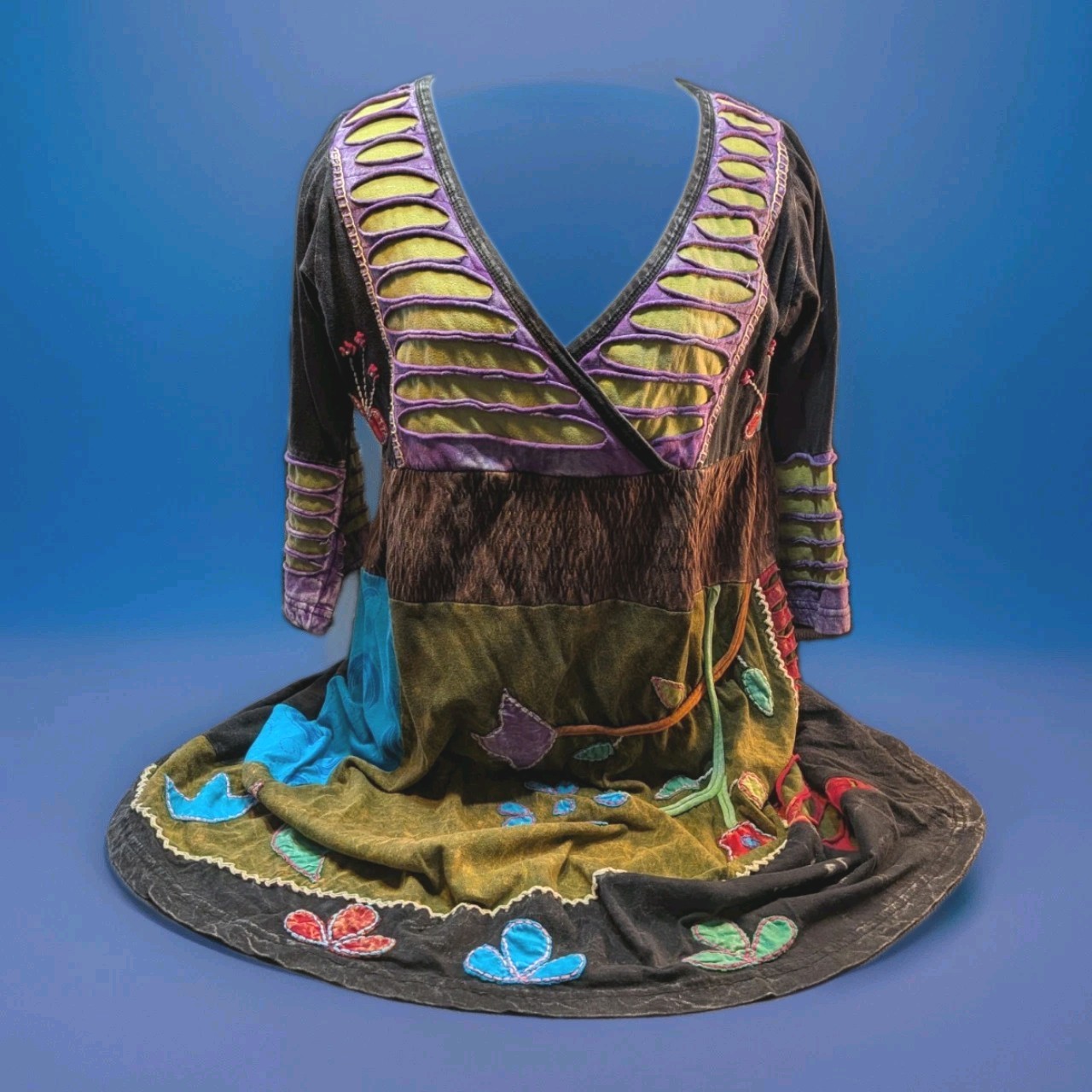 Rising International Hippie Appliqué Patchwork Dress Size 14 Made in Nepal