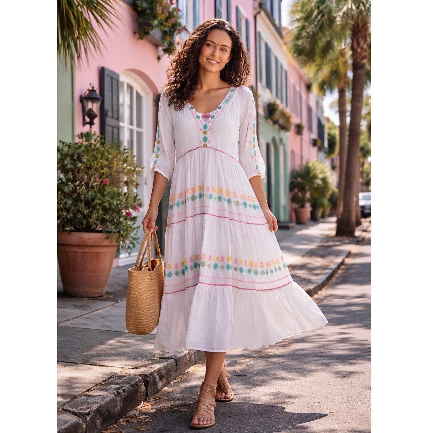 Simply Southern Embroidered Boho Peasant Dress White Cotton Cottagecore Beach S