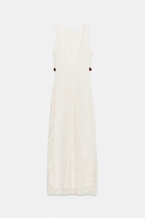 ZARA CROCHET TRIM MIDI SLEEVELESS BEADS SLIT OYSTER WHITE DRESS sz XS 0387/068