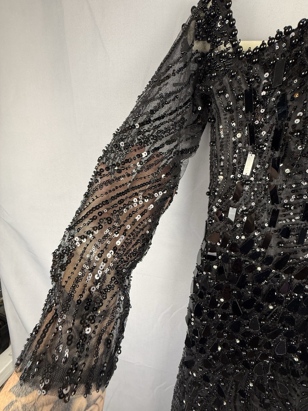 Black Beaded Sequin Sheer Midi Dress Lace Back Formal Party S Small