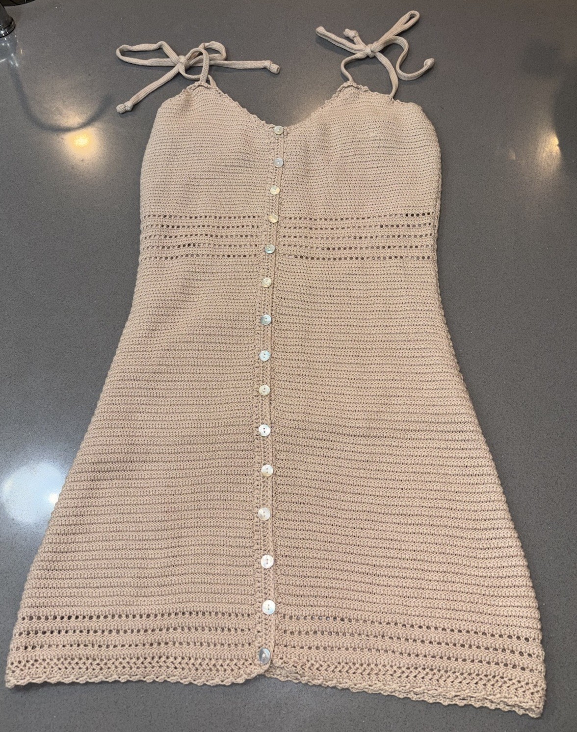Women Crochet Knit Beige SunDress L Boho Cottagecore Hippie Festival Beach