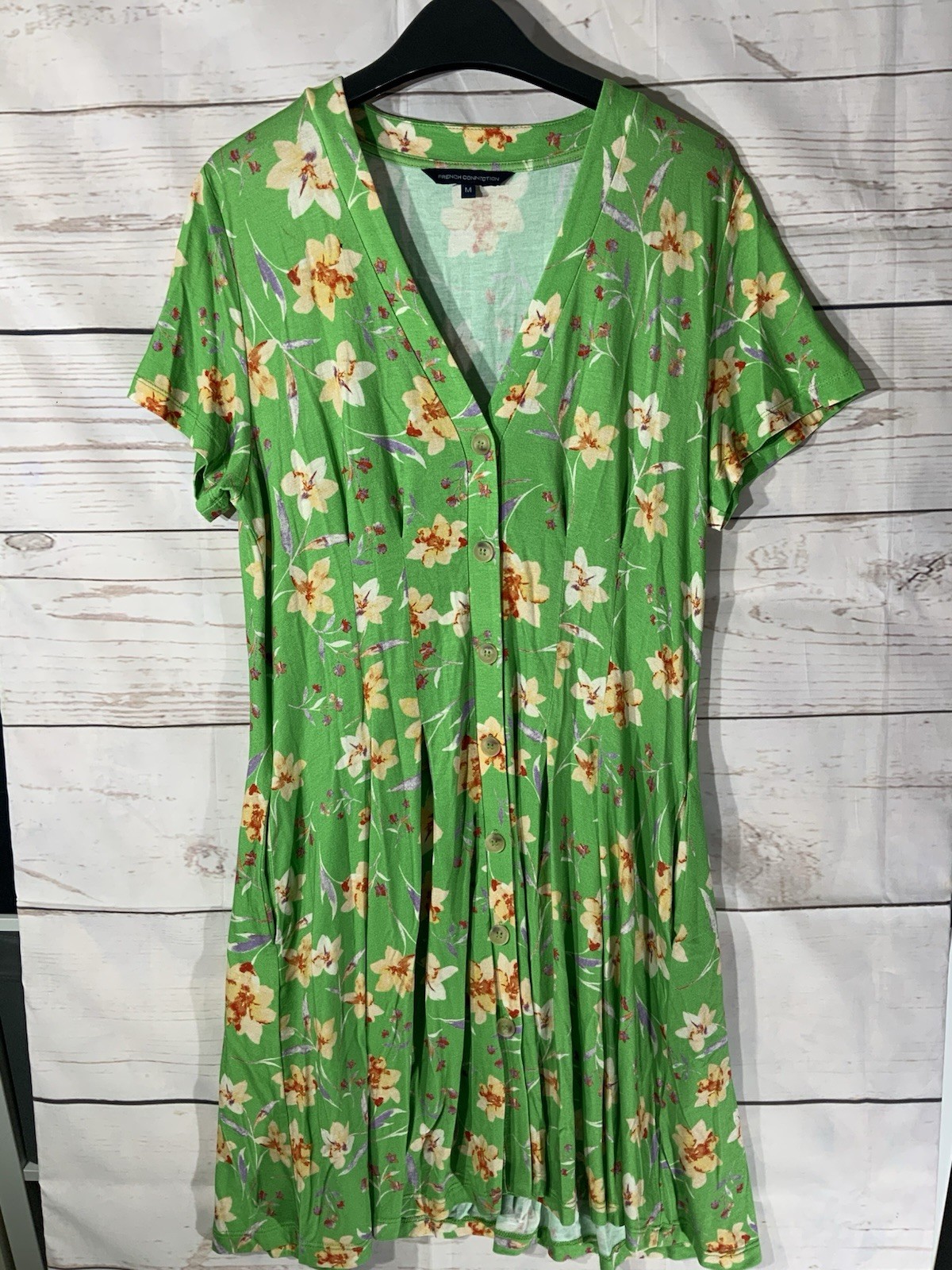 French Connection Women’s Short Sleeve Button Up Dress M Green Floral (A33)
