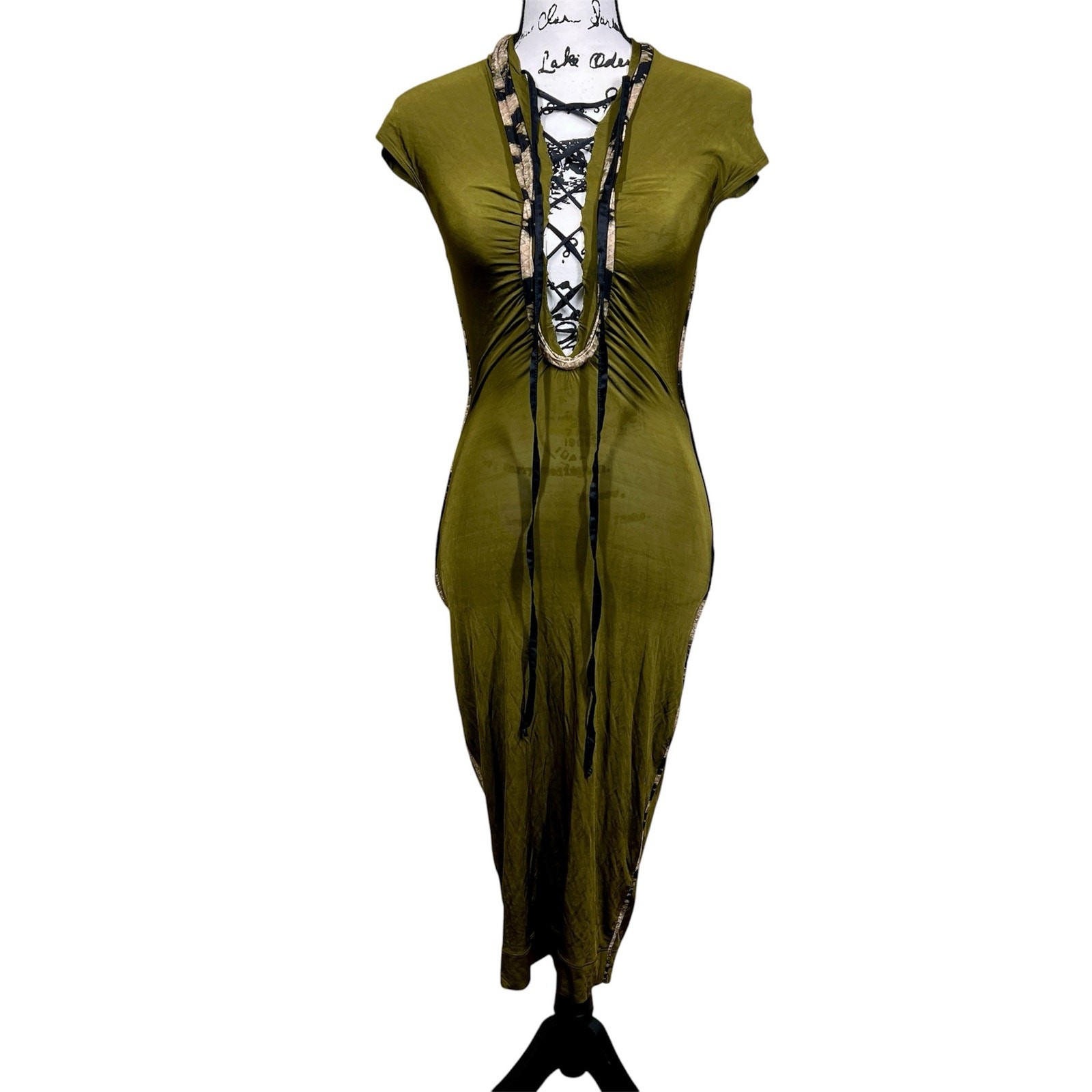 Just Cavalli by Roberto Cavalli olive dress deep lace-up plunging neckline 38