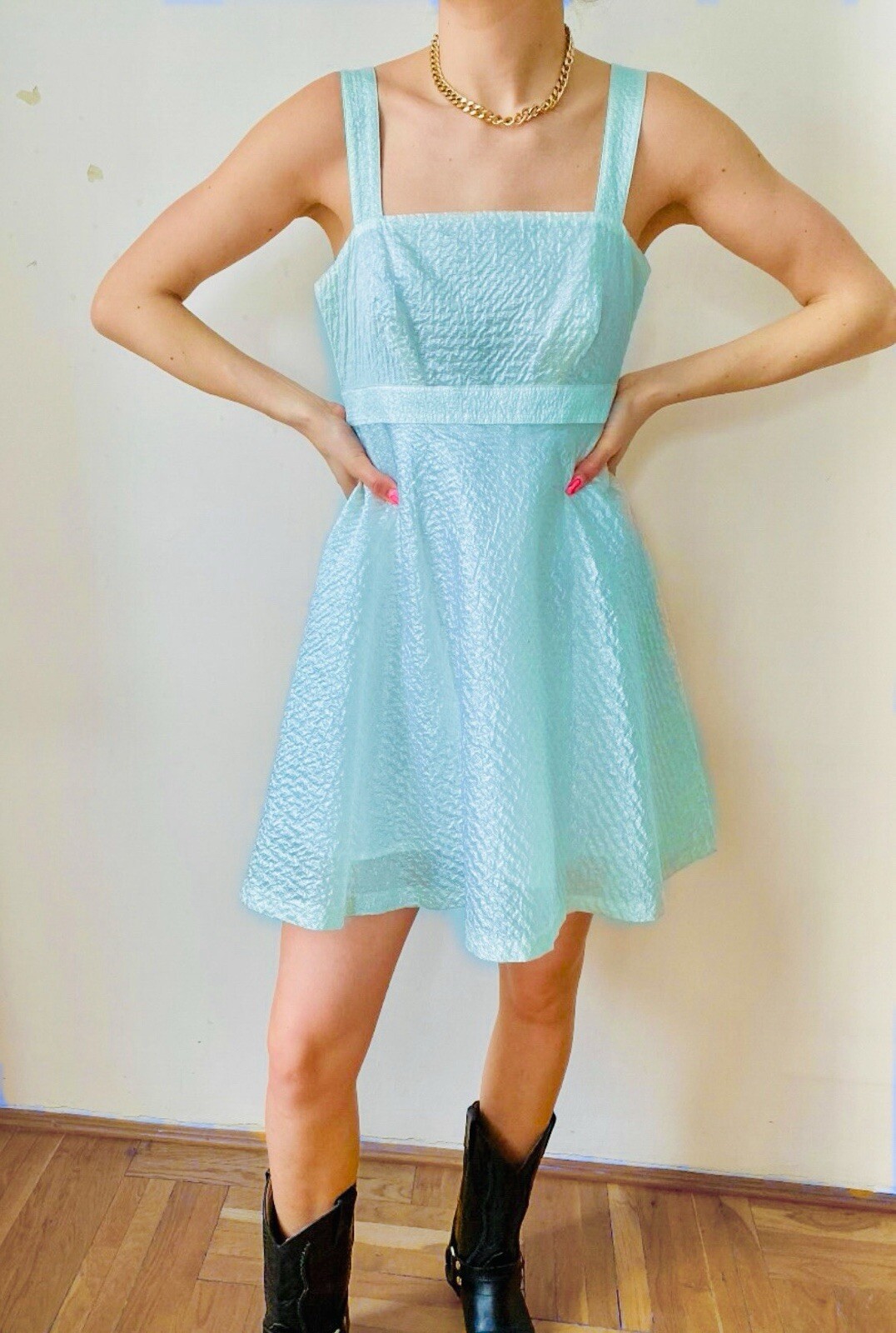 VERSUS Versace Jeans Couture Vintage Short Dress Aqua Blue Silk Size IT 44 M