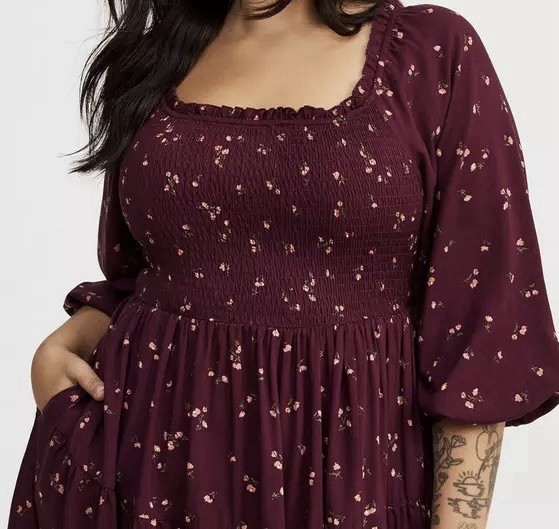NWT Torrid Plus Size 4X Wine Smocked Bodice Mini Dress Floral Puff Sleeve $76