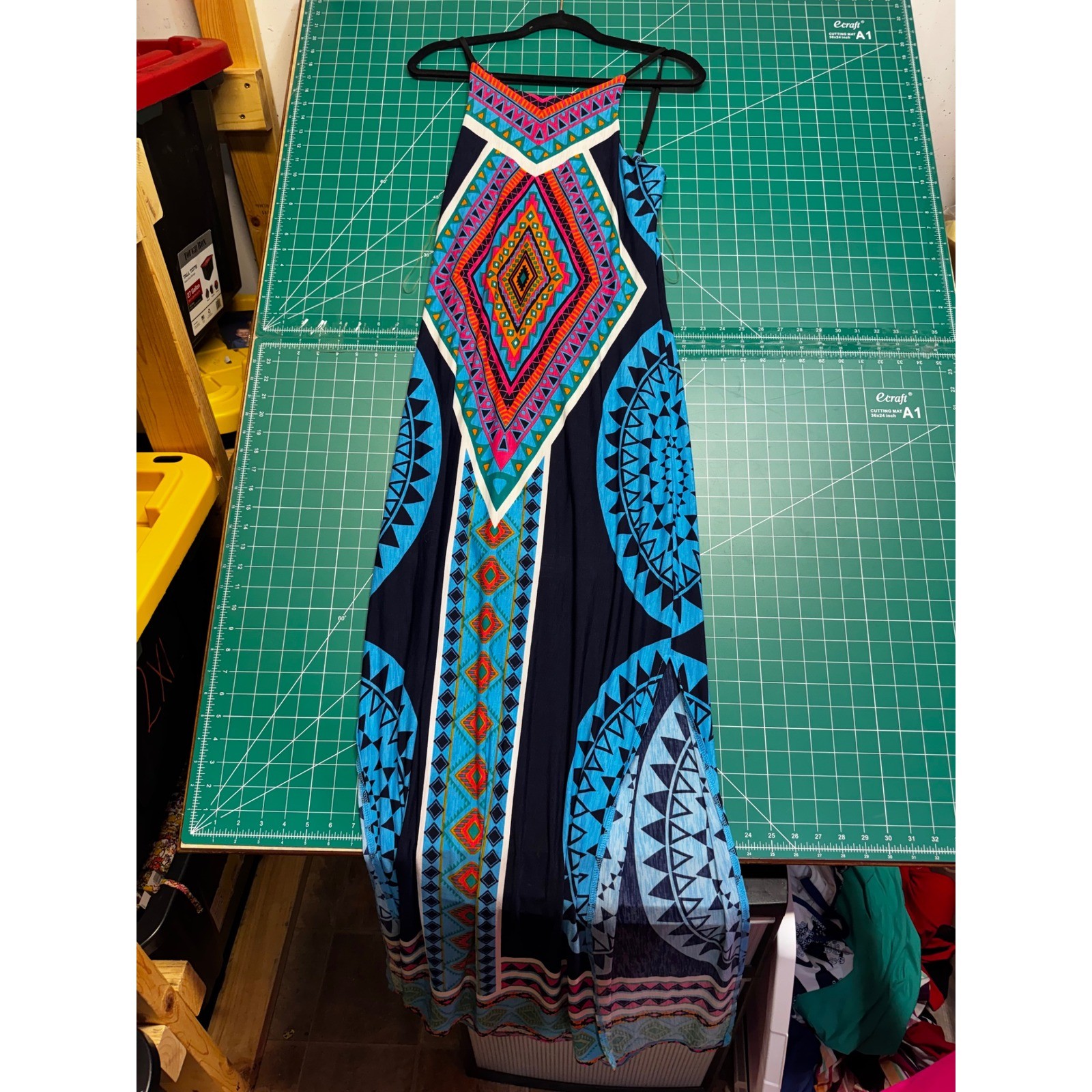 Everly Grey Tribal Geometric Print Halter Maxi Dress Blue Pink Lace Up Back L