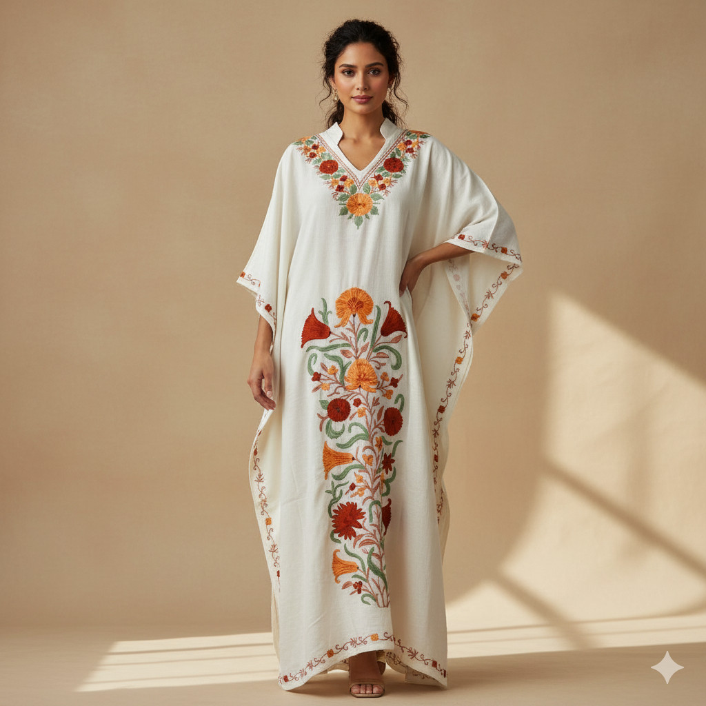Embroidery Light Cream Synthetic Beach Kaftan Holiday Hippie Kimono Caftan L-51″