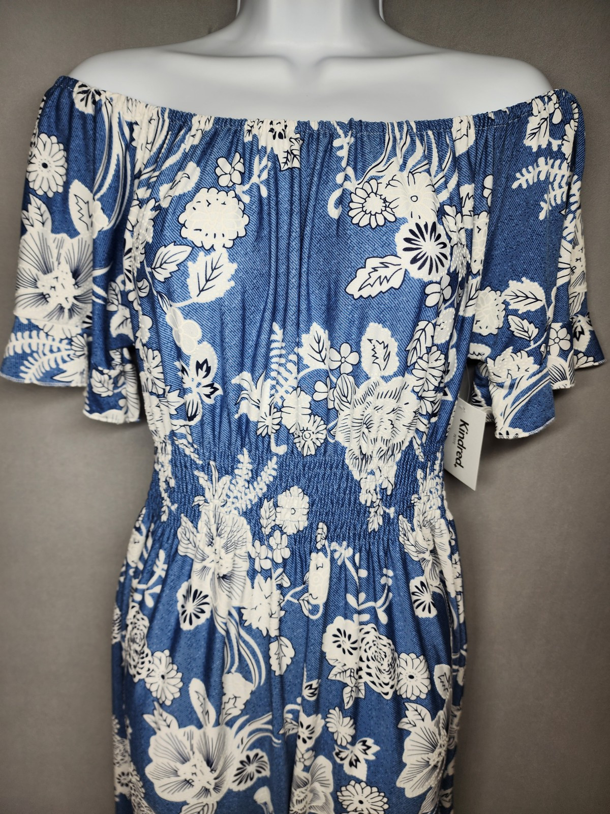Anthropologie Kindred PM Blue Floral Dress Elastic waist On Off the shoulder