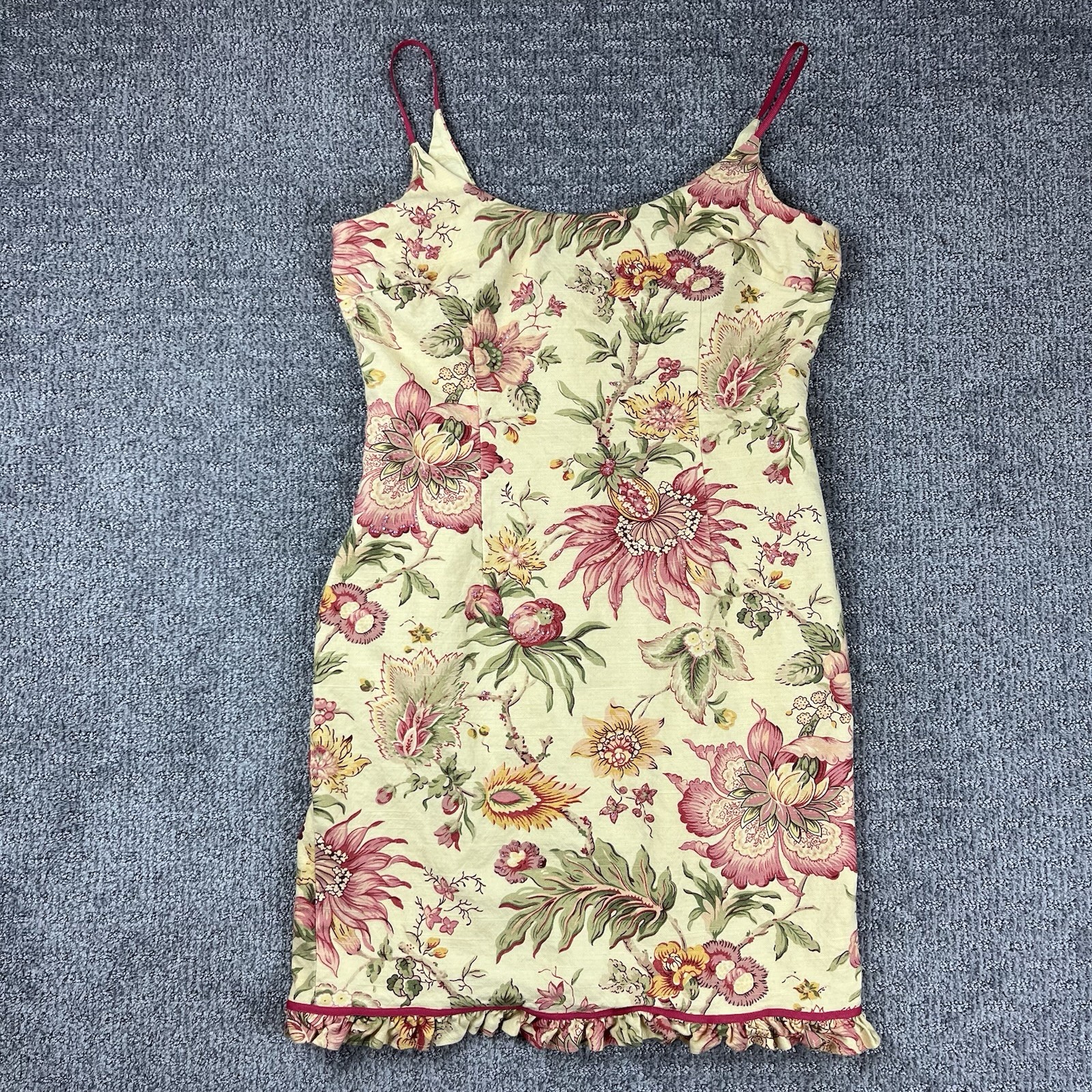 Maggy London Dress Womens Twelve Sheath Floral Ruffle Beaded Y2K Sundress Yellow