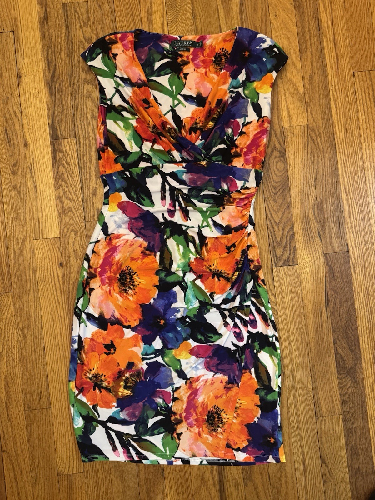 Lauren Ralph Lauren Floral Sheath Dress Women’s 6 Faux Wrap Ruched Midi