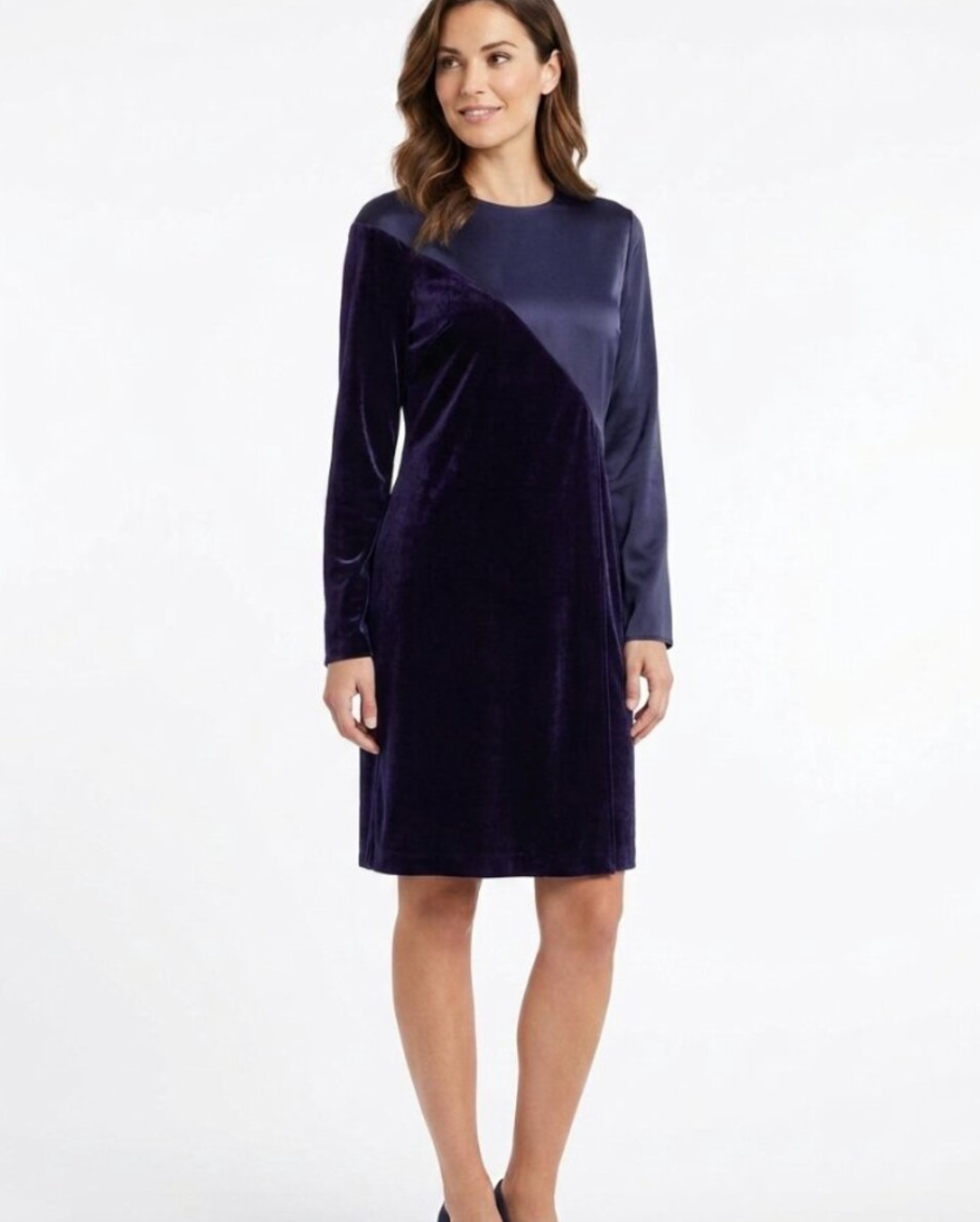 CEDRIC CHARLIER SILK BLEND NAVY SATIN VELVET COMBO LONG SLEEVE A-LINE DRESS – 8