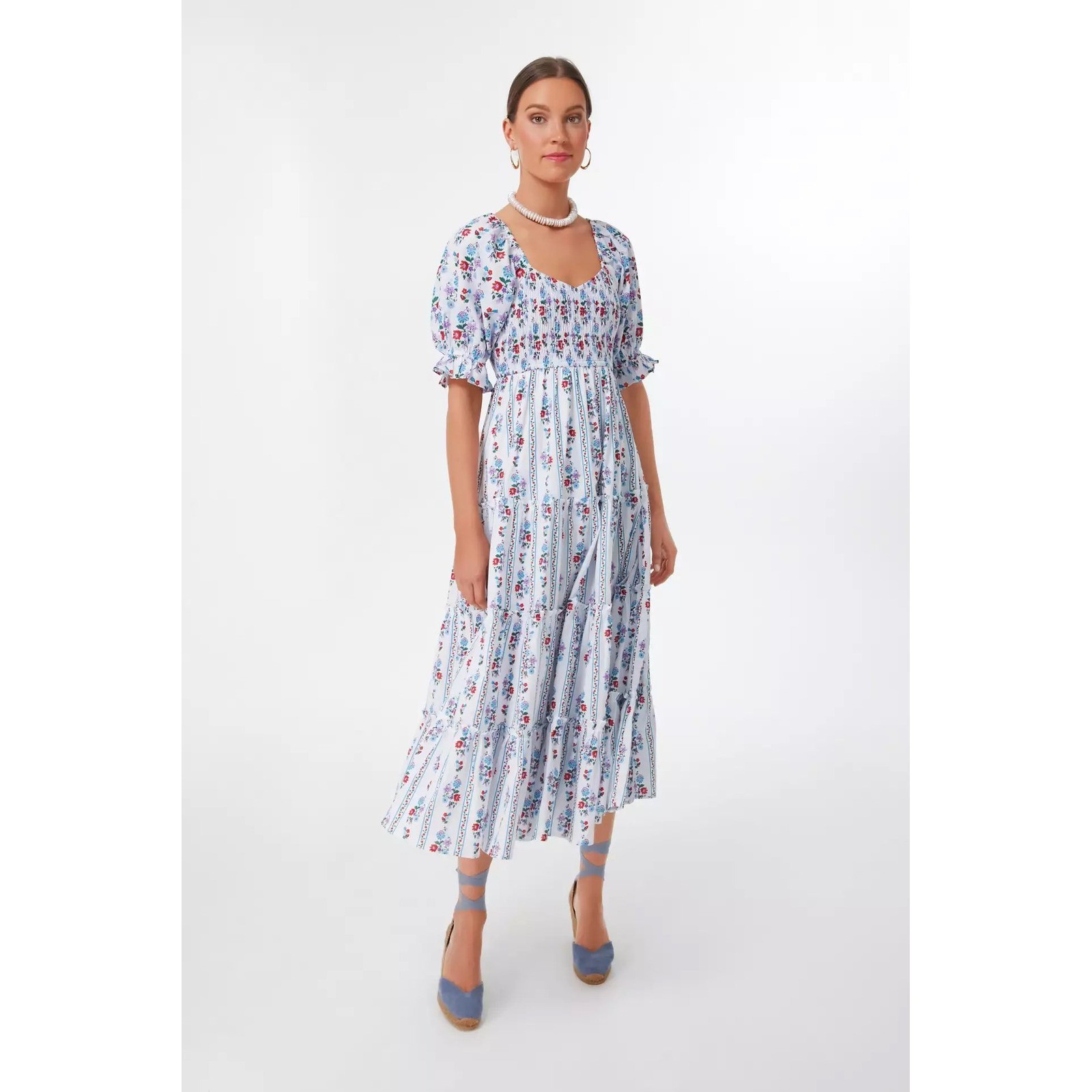 Pink City Prints Cindy Alpine Mix Blue Red Floral Smocked Tiered Midi Large