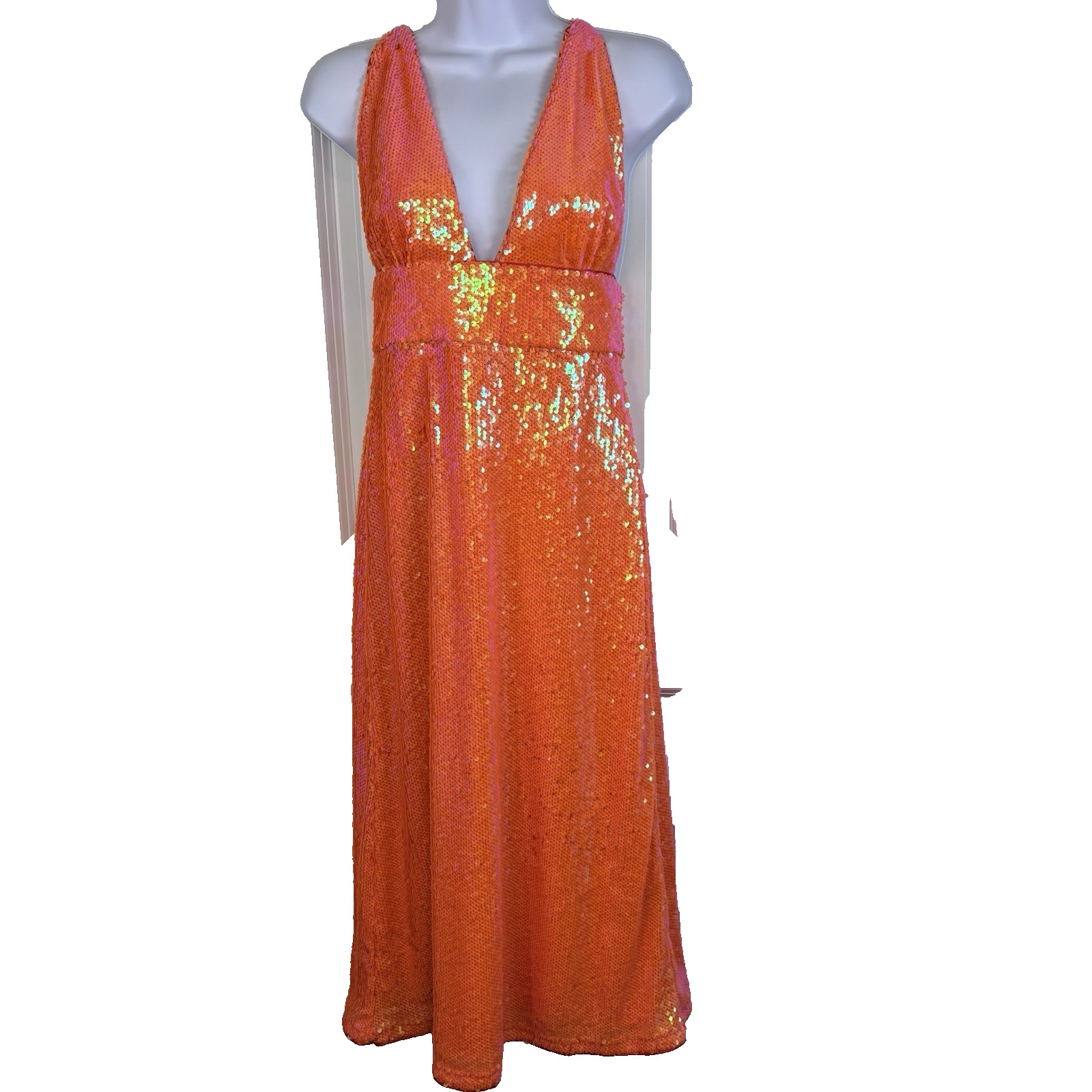 Song of Style x Revolve Women’s Orange Sequin Halter Open Back Midi Dress Small