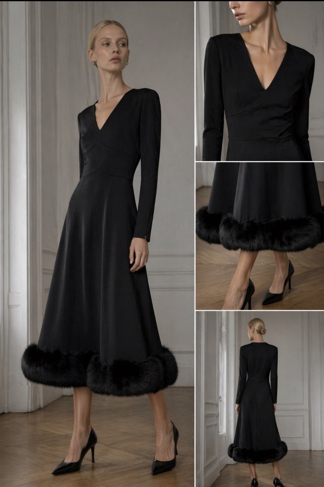 I MAGNIN MICHAEL NOVARESE Black Fur Hem Long Zip Sleeve Midi Dress S 4/6 VINTAGE