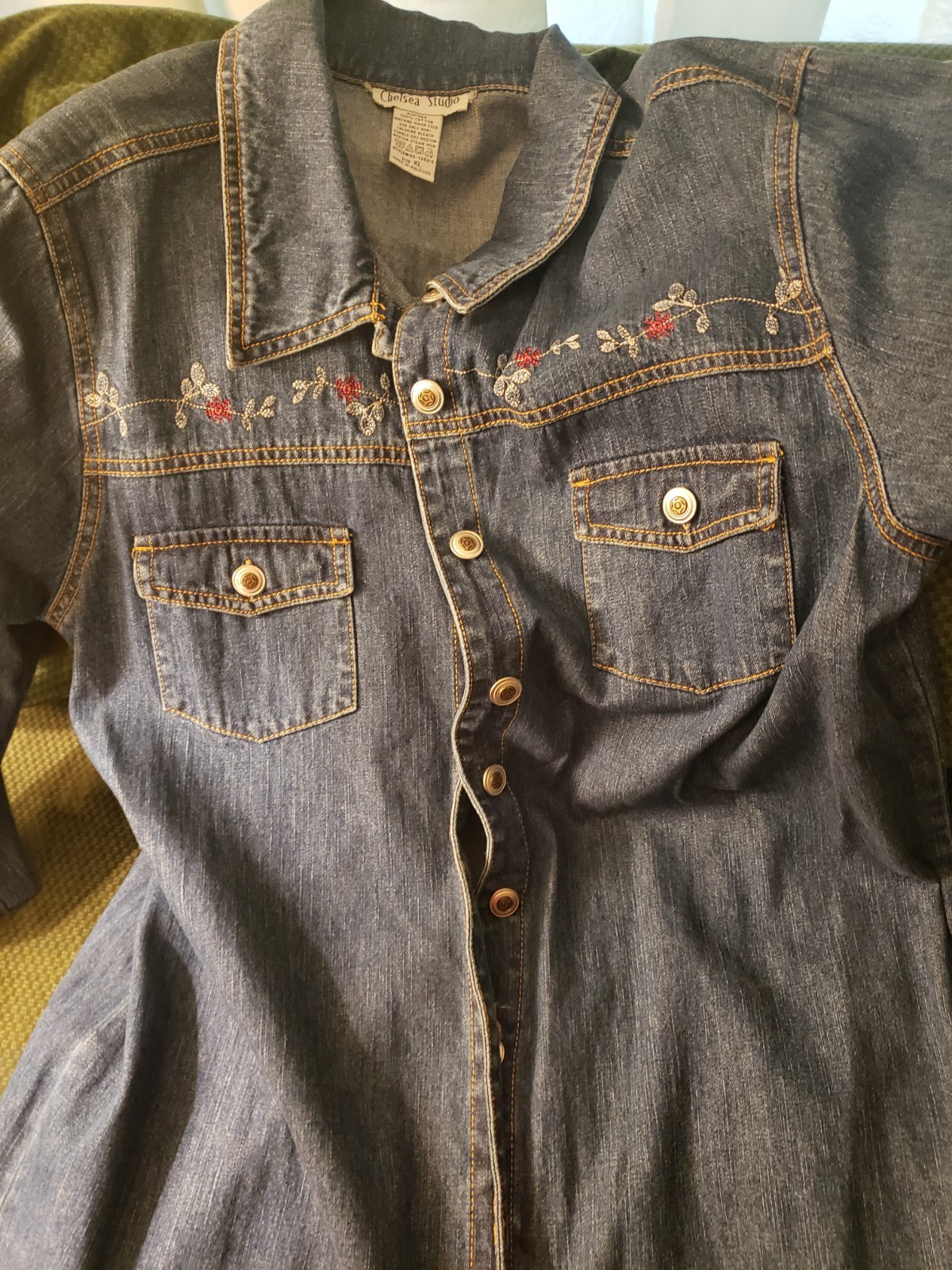 Chelsea Studio Blue Denim Coat Dress Embroidered Button Front Pockets XL