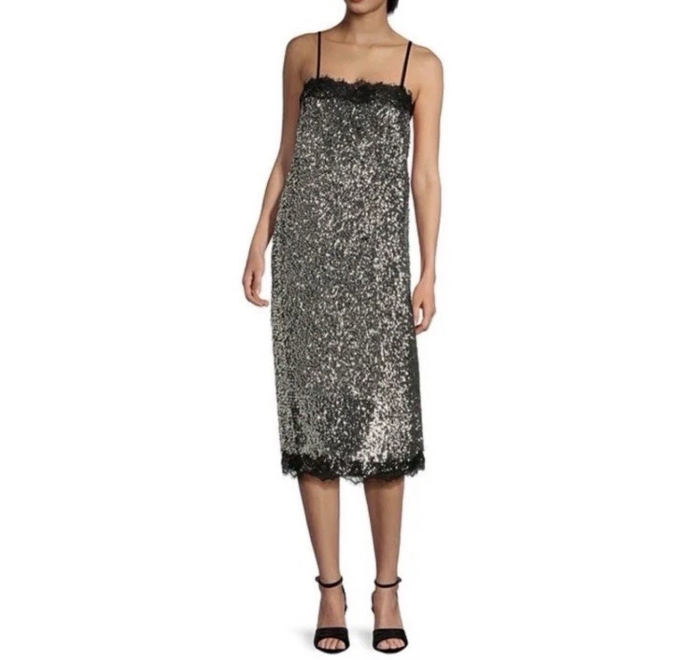 Gianni Bini Lilly Sisto Size 8 Allegra Silver Sequin Dress Black Lace Trim NWT