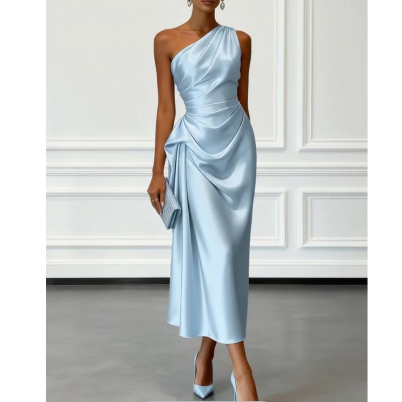 One Shoulder Satin Midi Dress Womens medium Sky Blue Ruched Draped Cocktail Gown