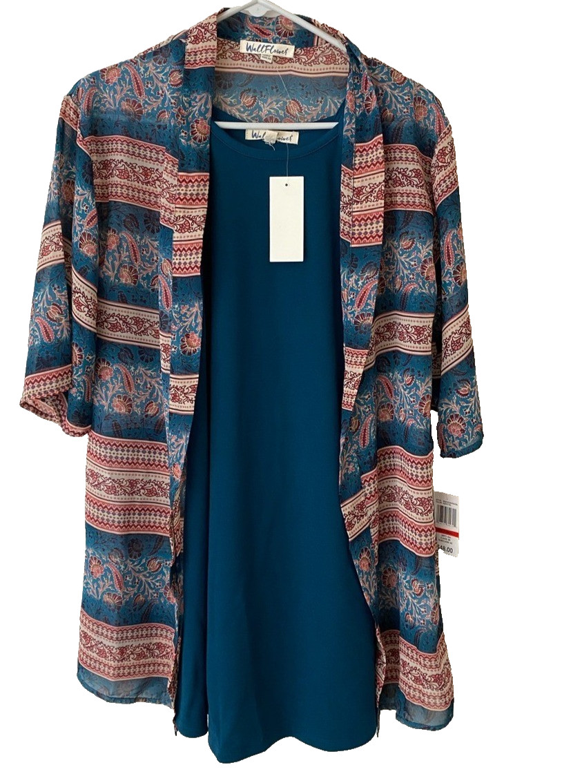 Wallflower Teal Dress Womens XS Sheer Paisley Kimono 2 piece Outfit Slip Sheath