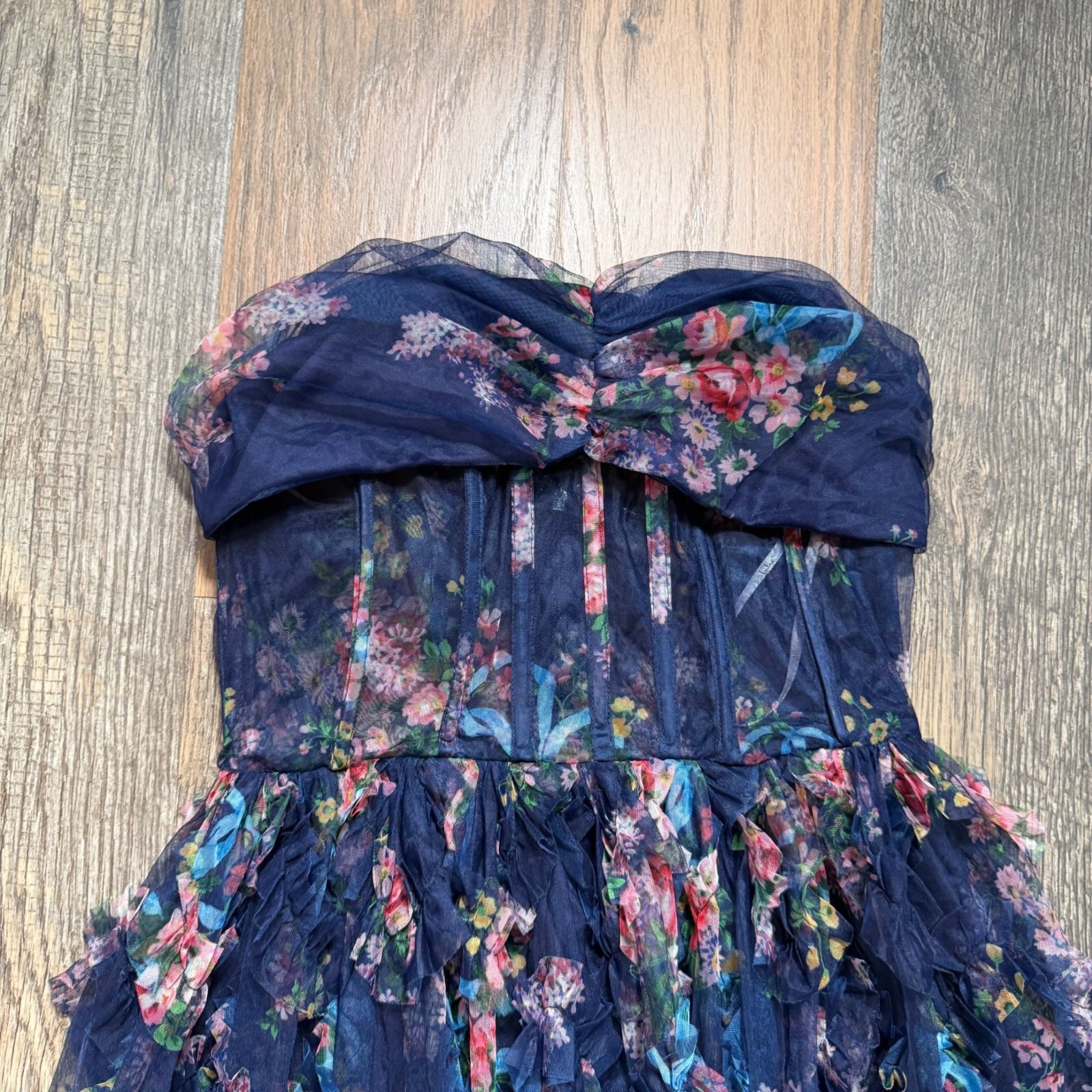 Lulus Stunning Element Navy Floral Mesh Ruffled Strapless Maxi Dress Size S NWOT