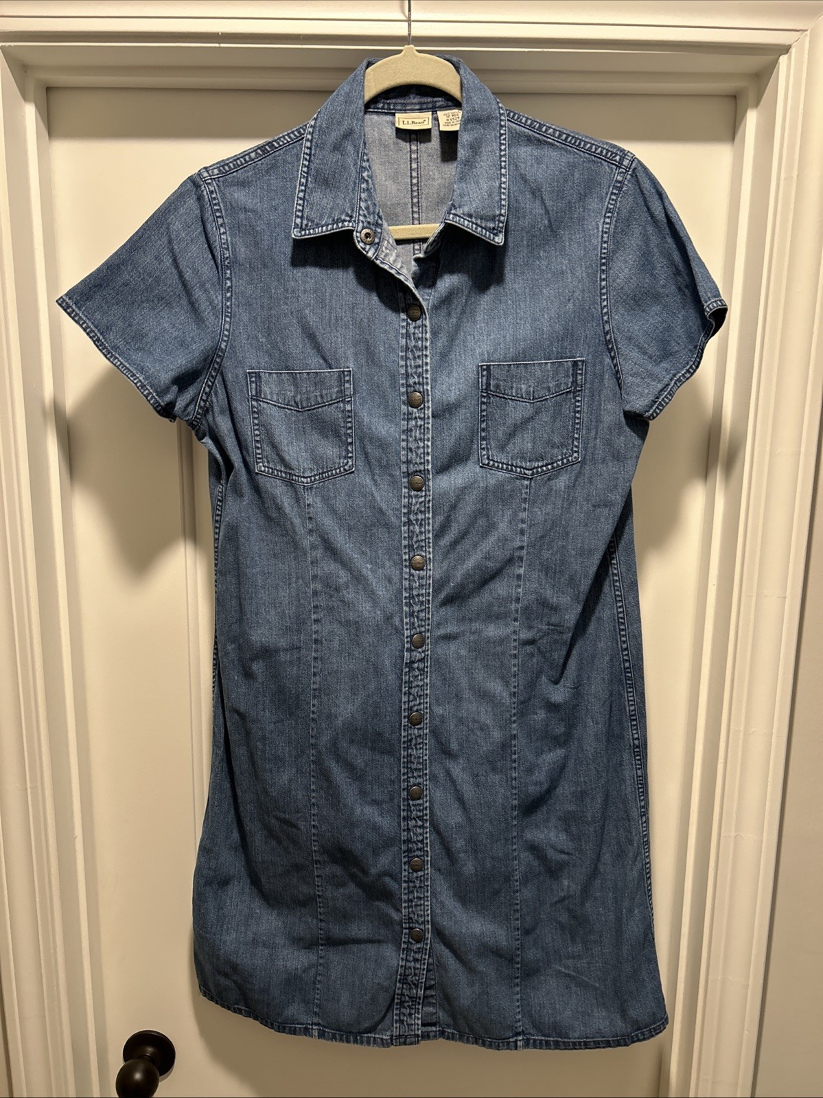 Women’s L. L. Bean Short Sleeve Knee Length Blue Denim Dress Size 12 Regular