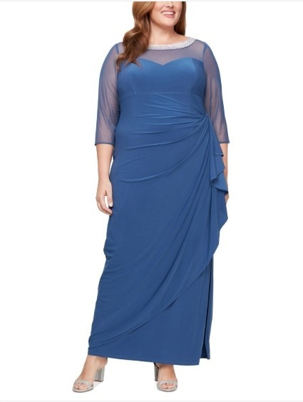 Alex Evenings Plus Size 20W Illusion Trim Ruffled Gown Wedgewood Blue