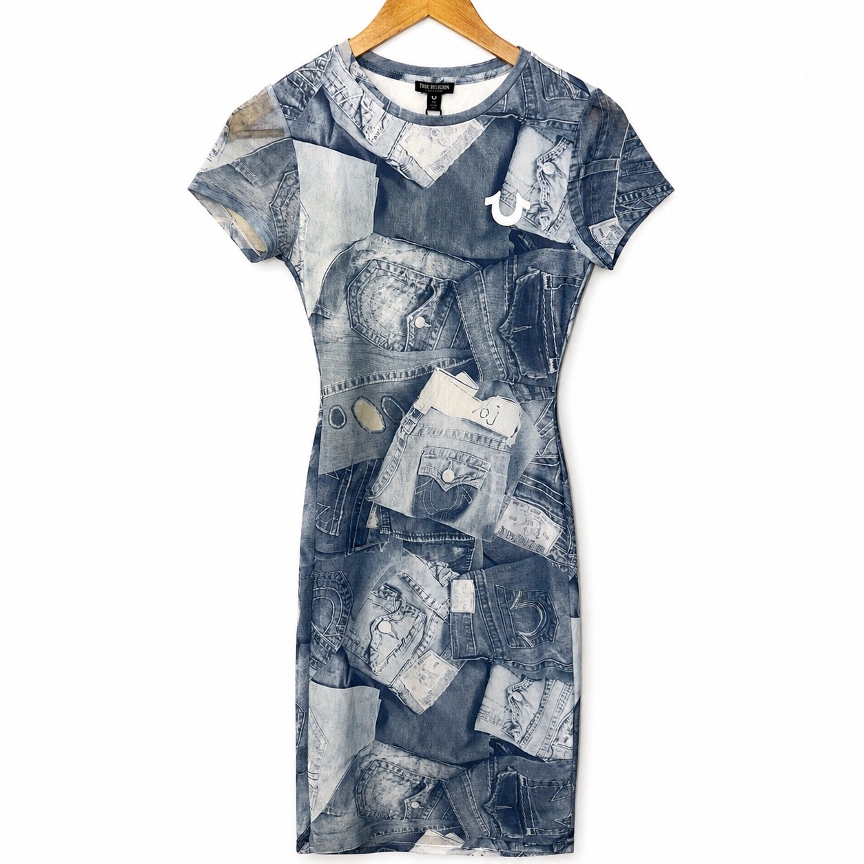 True Religion Denim Print Mesh Lined Midi Dress Blue AOP Bodycon S NEW 90s Y2K