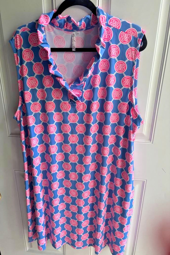 Lulu-B Pink Blue Medallion Sleeveless Dress Ruffle V-neck Resort 3X plus UPF 50+