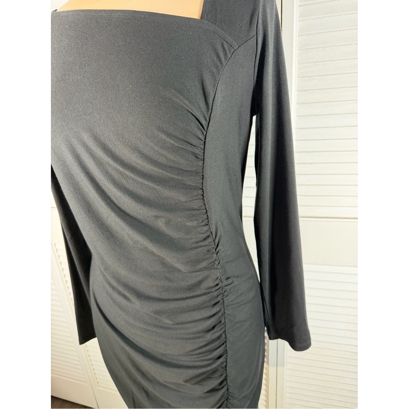Ann Taylor Black Asymmetrical Ruched Midi Dress Long Sleeve NWT Medium