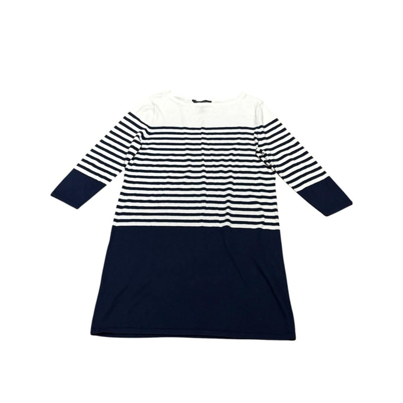 BCBGMaxAzria Navy and White Striped Long Sleeve Shift Sweater Dress, Size M