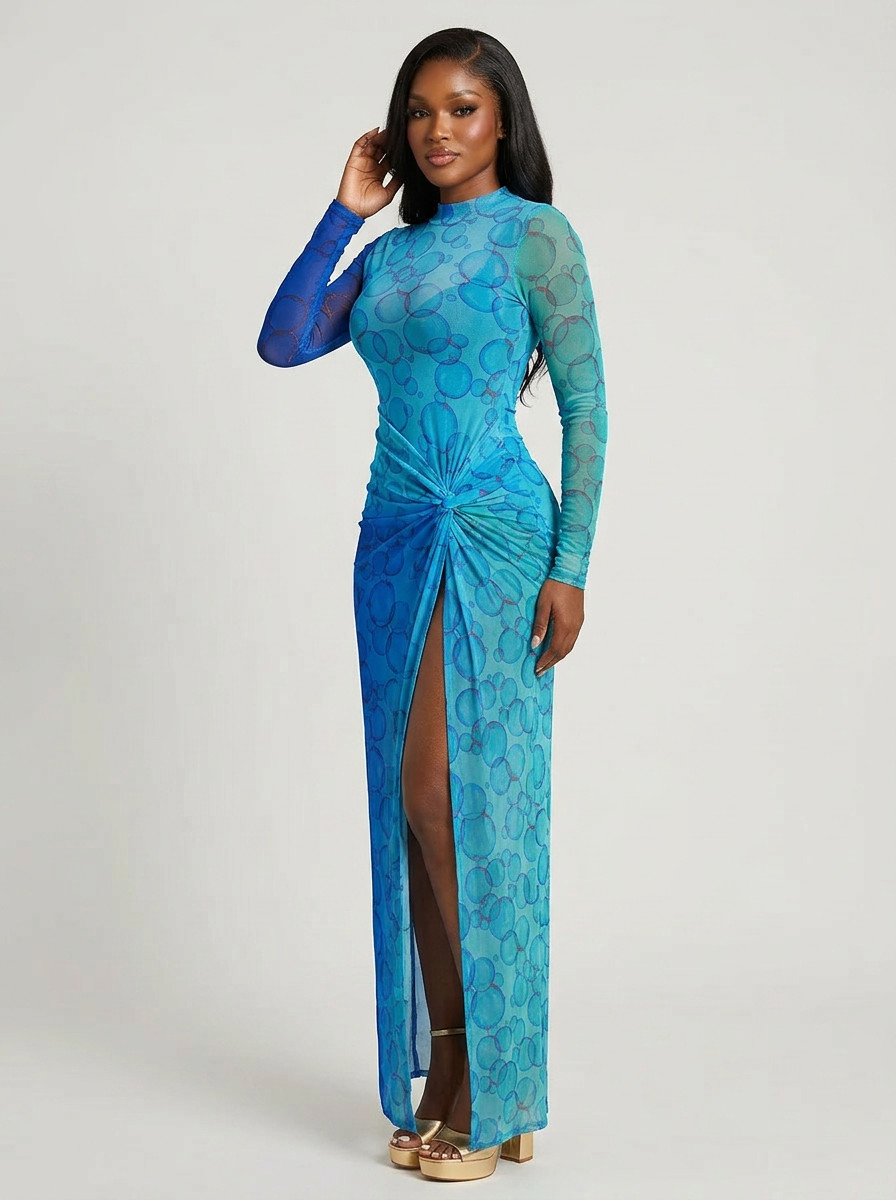 Azure Bubble Mesh Maxi Dress