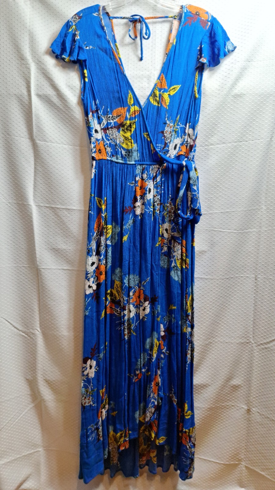 BAND OF GYPSIES Floral Hi-Lo Maxi Dress Sz S Blue Flutter Sleeve Boho Peasant
