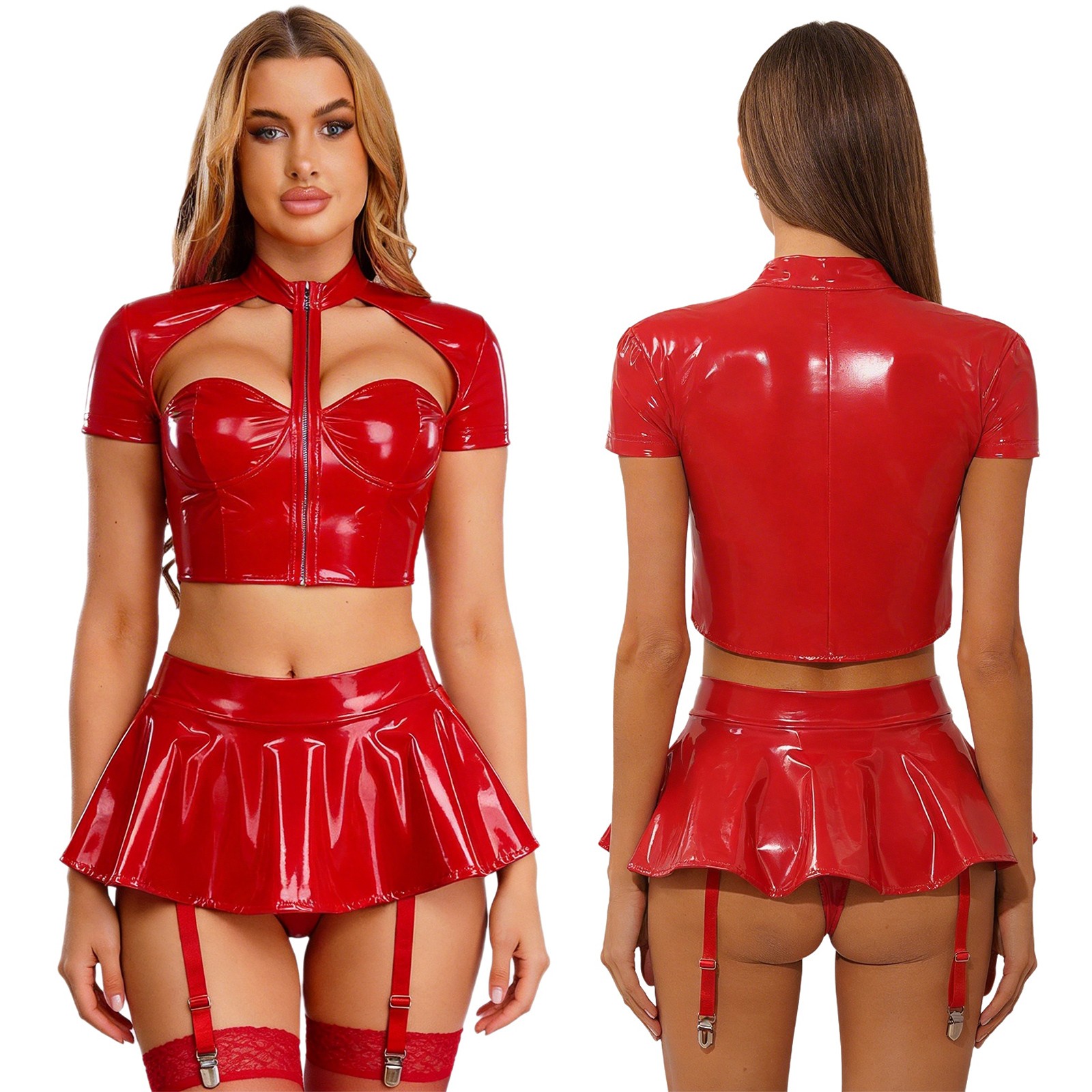 US Womens Shiny Pvc Leather Clubwear Hollow Out Crop Tops Vest and Miniskirts