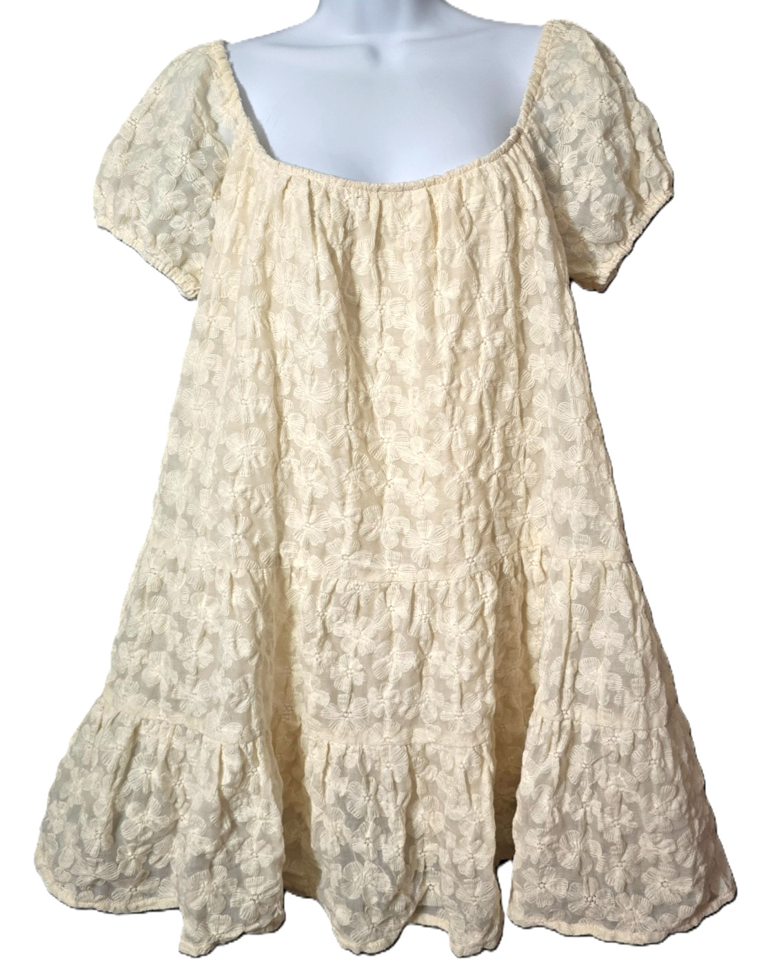 Storia Floral Embroidered Babydoll Dress M Mini Puff Sleeve Tiered Lined Ivory